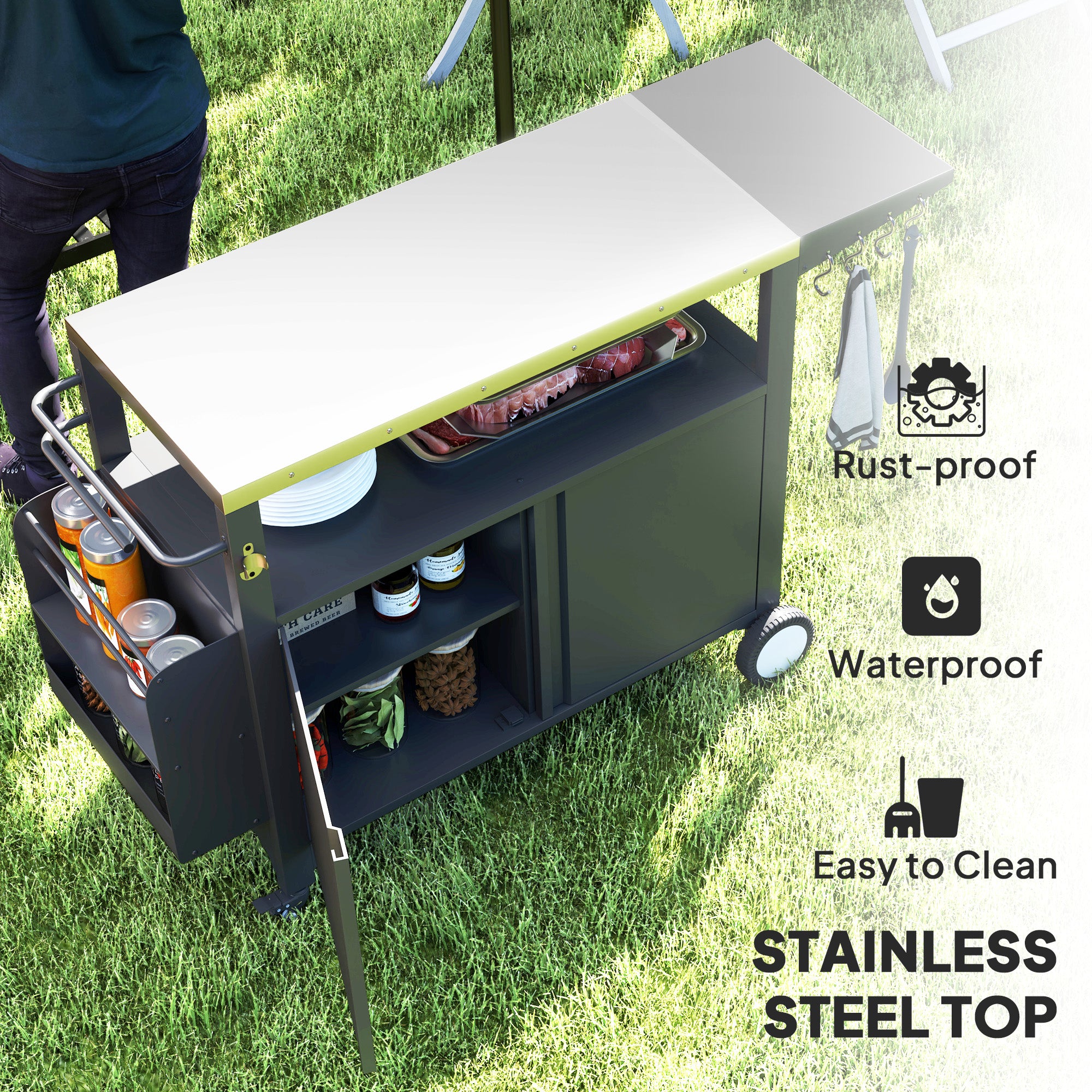 Outdoor Grill Cart Table with Stainless Steel Top, Movable Pizza Oven Table with Foldable Side Table, Wheels