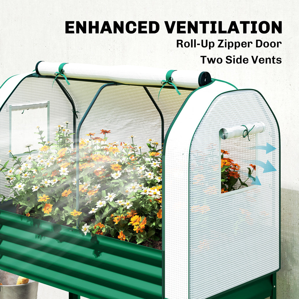 Galvanised Raised Garden Bed with Greenhouse Cover, Metal Elevated Garden Bed with Bed Liner, Bottom Shelf, Green