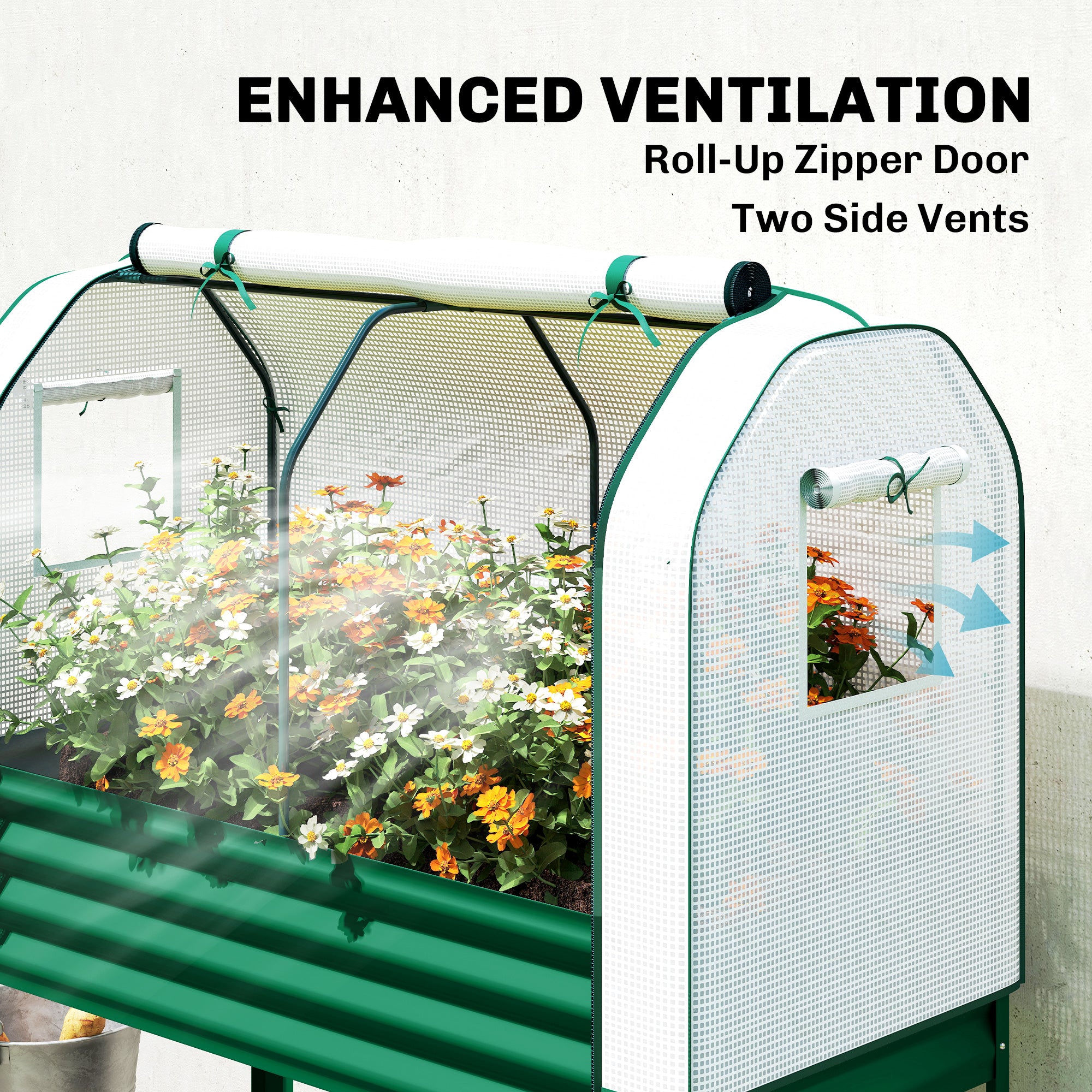 Galvanised Raised Garden Bed with Greenhouse Cover, Metal Elevated Garden Bed with Bed Liner, Bottom Shelf, Green