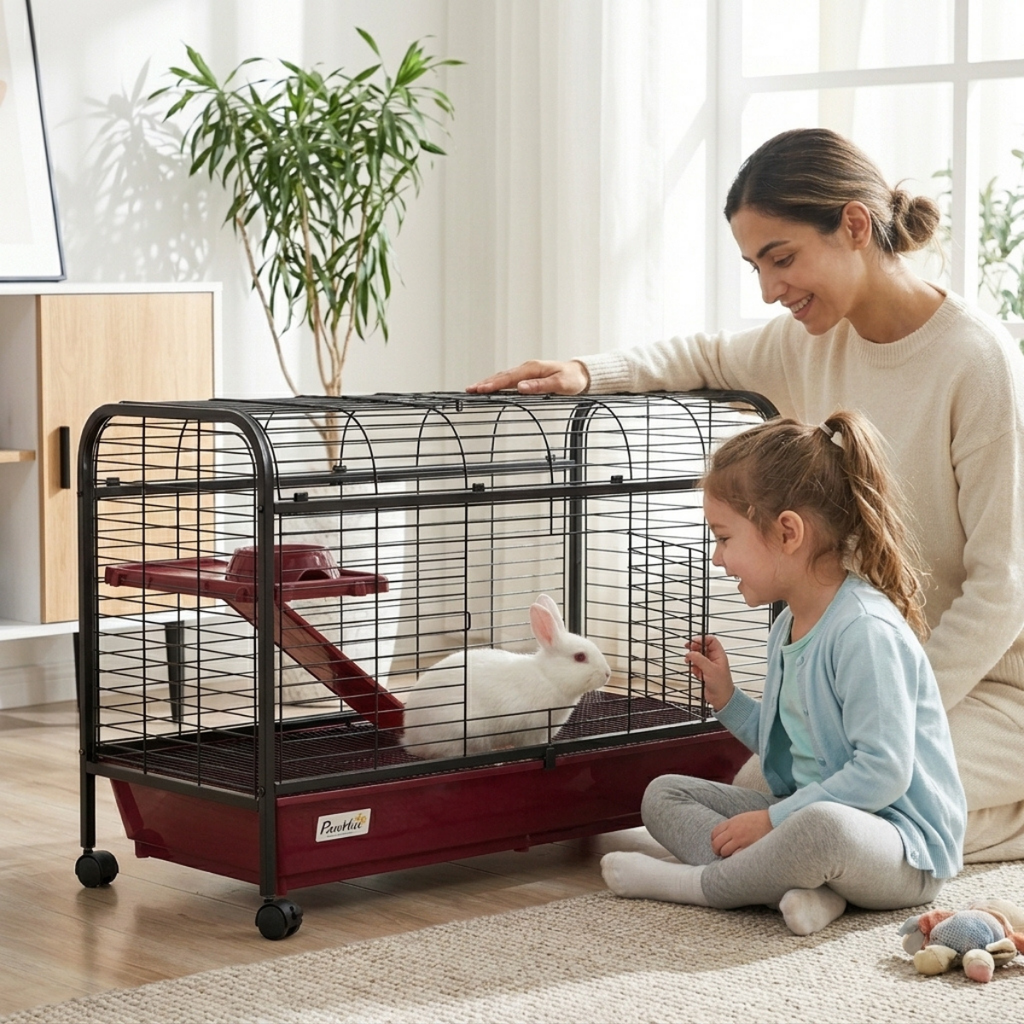 41"L Small Animal Cage, Pet Play House for Rabbit Hutch Ferret with Feeder, Rolling Wheels, Platform, Ramp