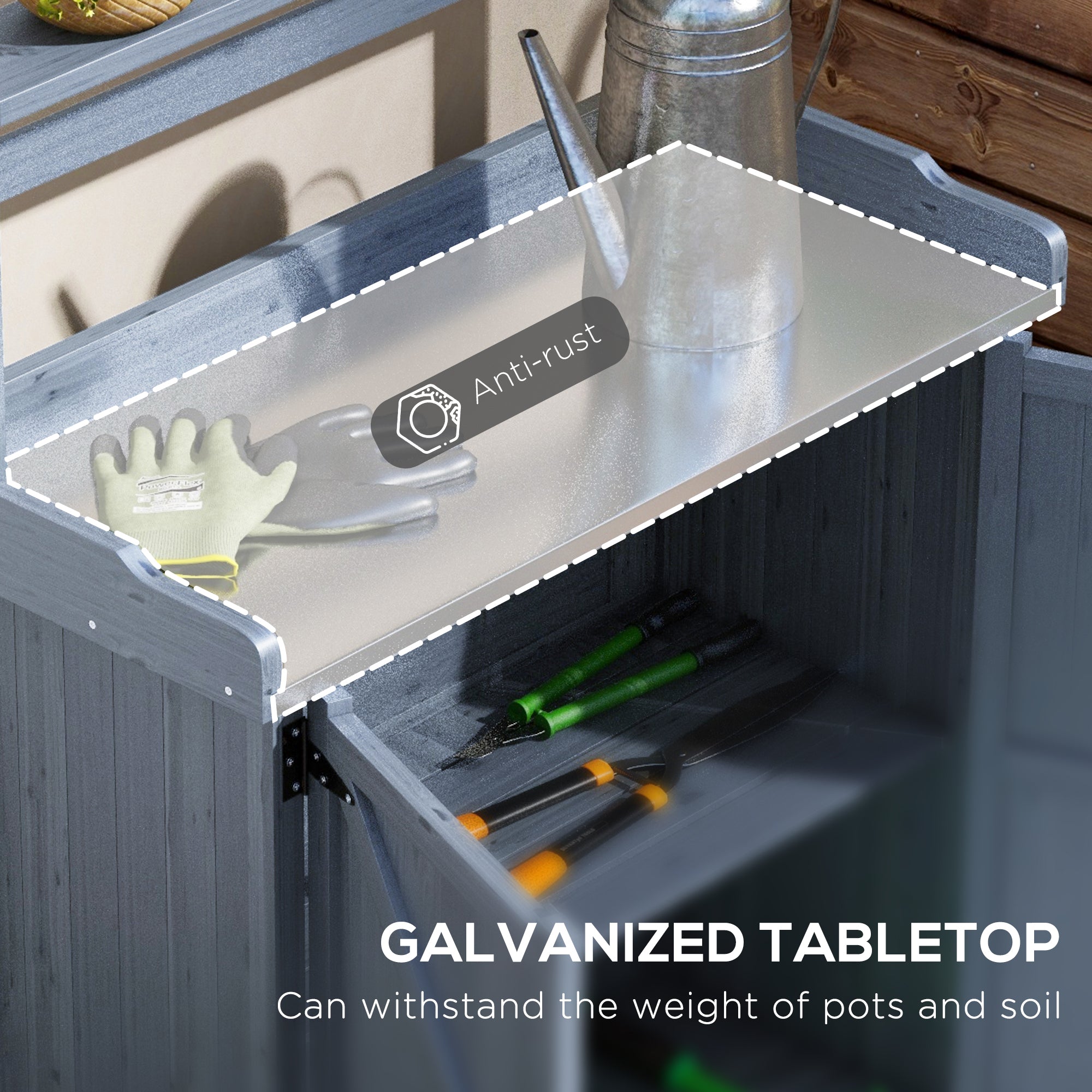 Outdoor Wooden Potting Bench with Storage Cabinet, Shelves, Galvanized Plated Tabletop for Backyard, Balcony, Gray