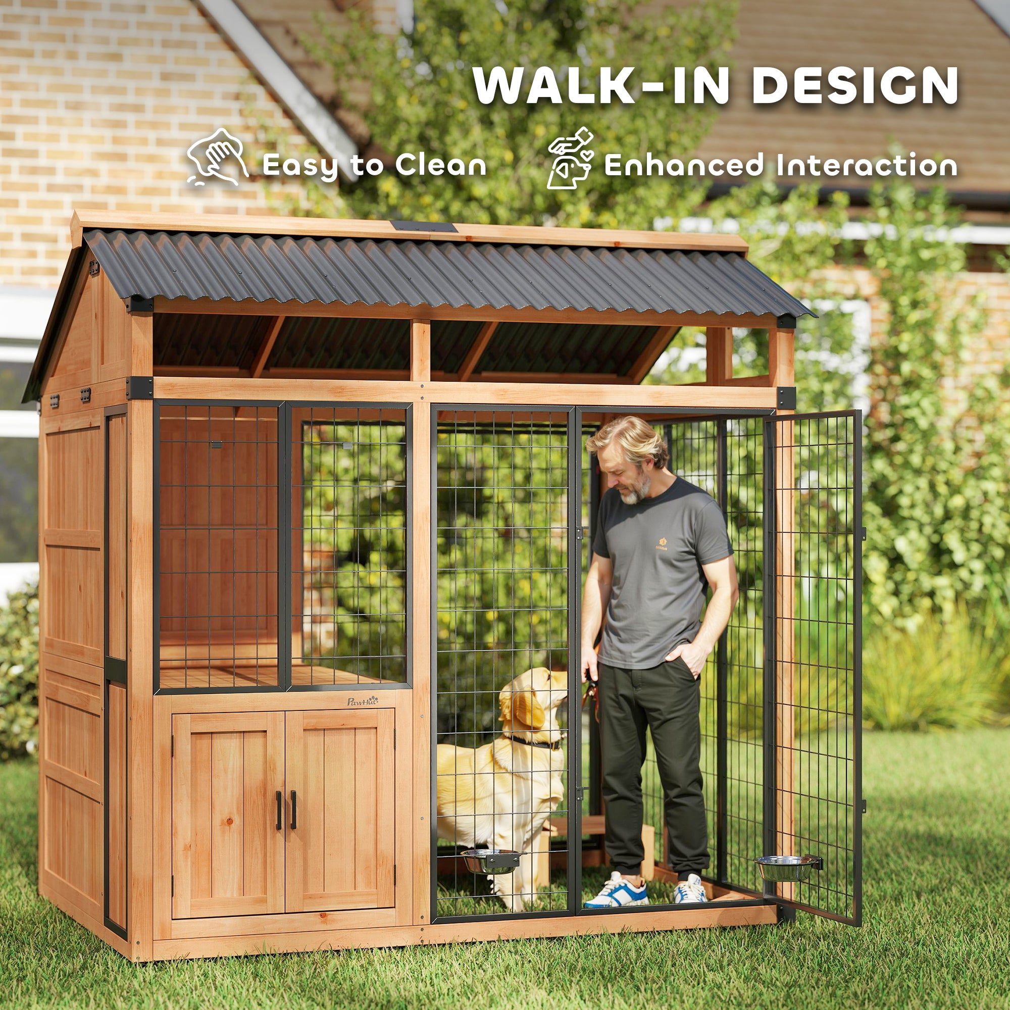 7' x 5' Extra Large Dog House, Wood Outdoor Dog Kennel with Platform, Storage Cabinet for Large Breeds, Yellow