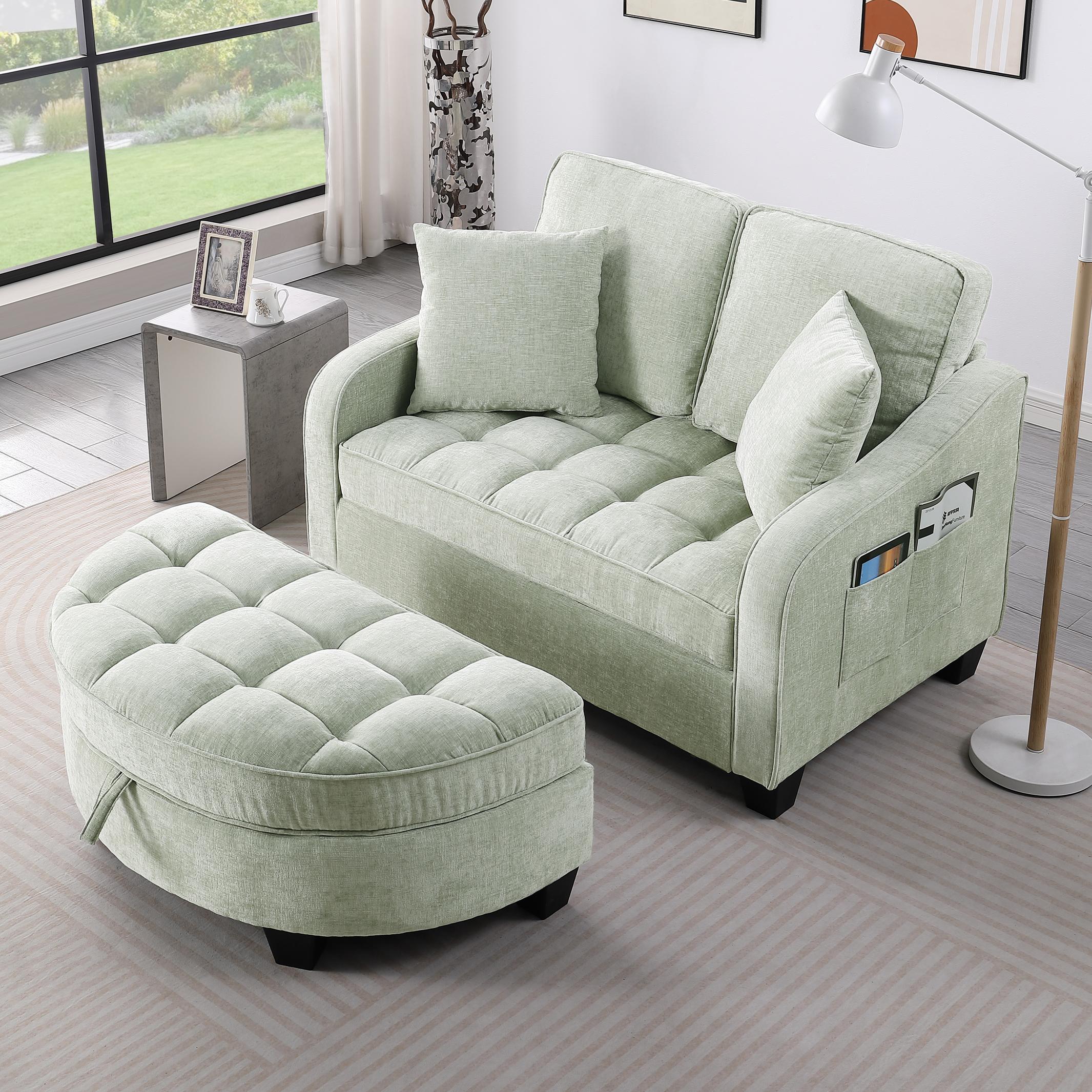2-Seater Sofa Chaise Lounge with Irregular Curved Armrests, Ergonomic Backrest, Footrest with 2 Throw Pillows, 42.5" L x 32.5" W x 36.5" H, Cyan