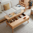 Versatile Lift-Top Coffee Table with Hidden 3-Compartment Storage, Practical Center Table with Elevating Work Surface, 39.5″ L x 23.5″ W x 17.5″ H, Natural Wood