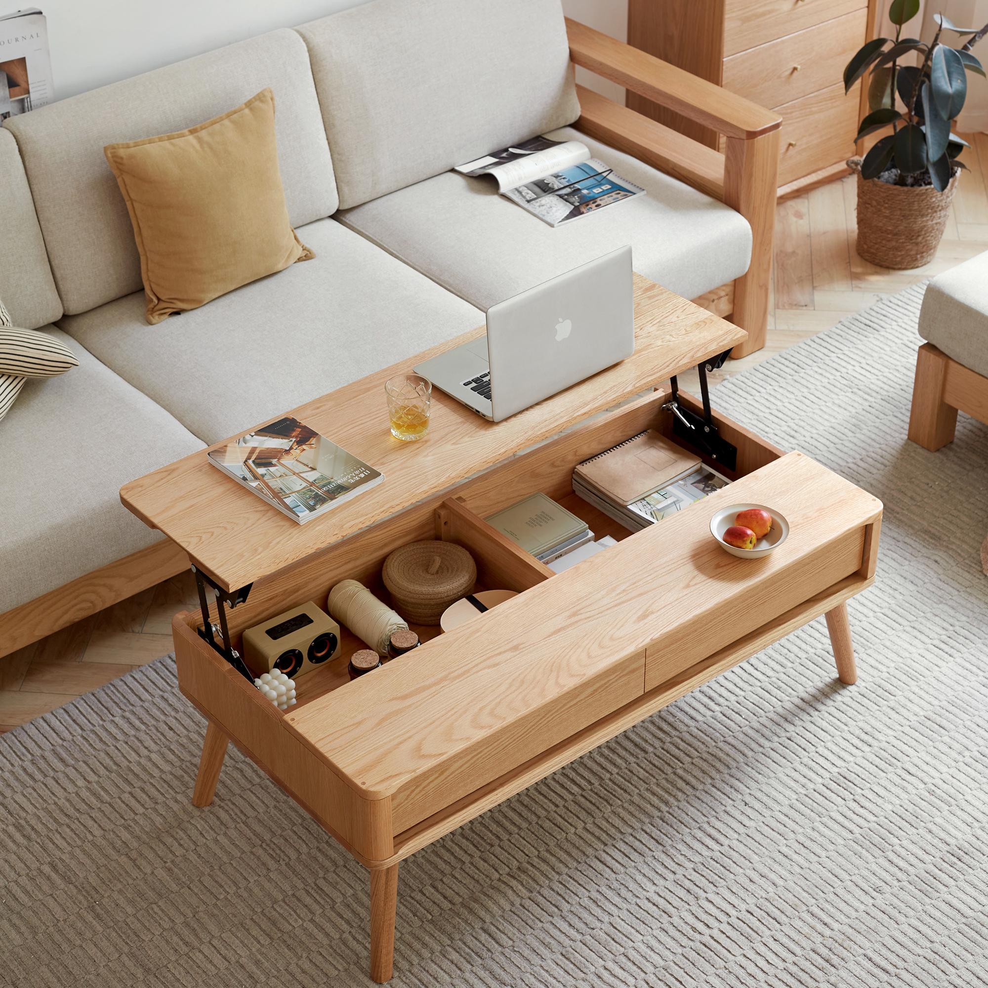 Versatile Lift-Top Coffee Table with Hidden 3-Compartment Storage, Practical Center Table with Elevating Work Surface, 39.5″ L x 23.5″ W x 17.5″ H, Natural Wood
