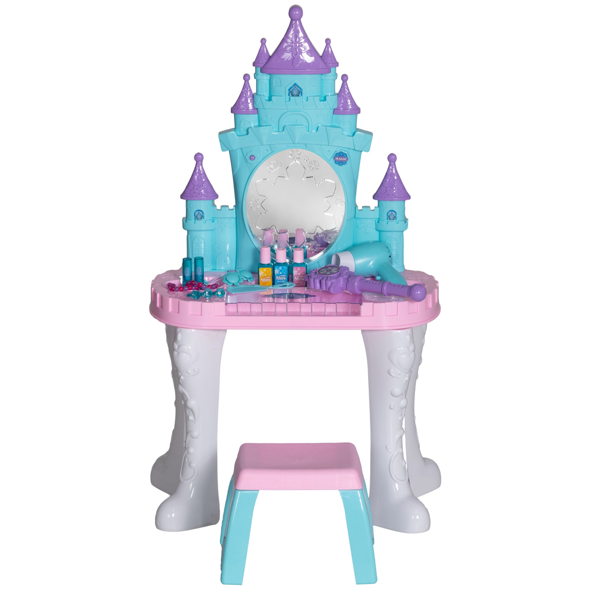 Kids Vanity Set with Mirror and Stool, Light, Music, Castle Design Makeup Table for Girls 3-6 Years, Multicolor