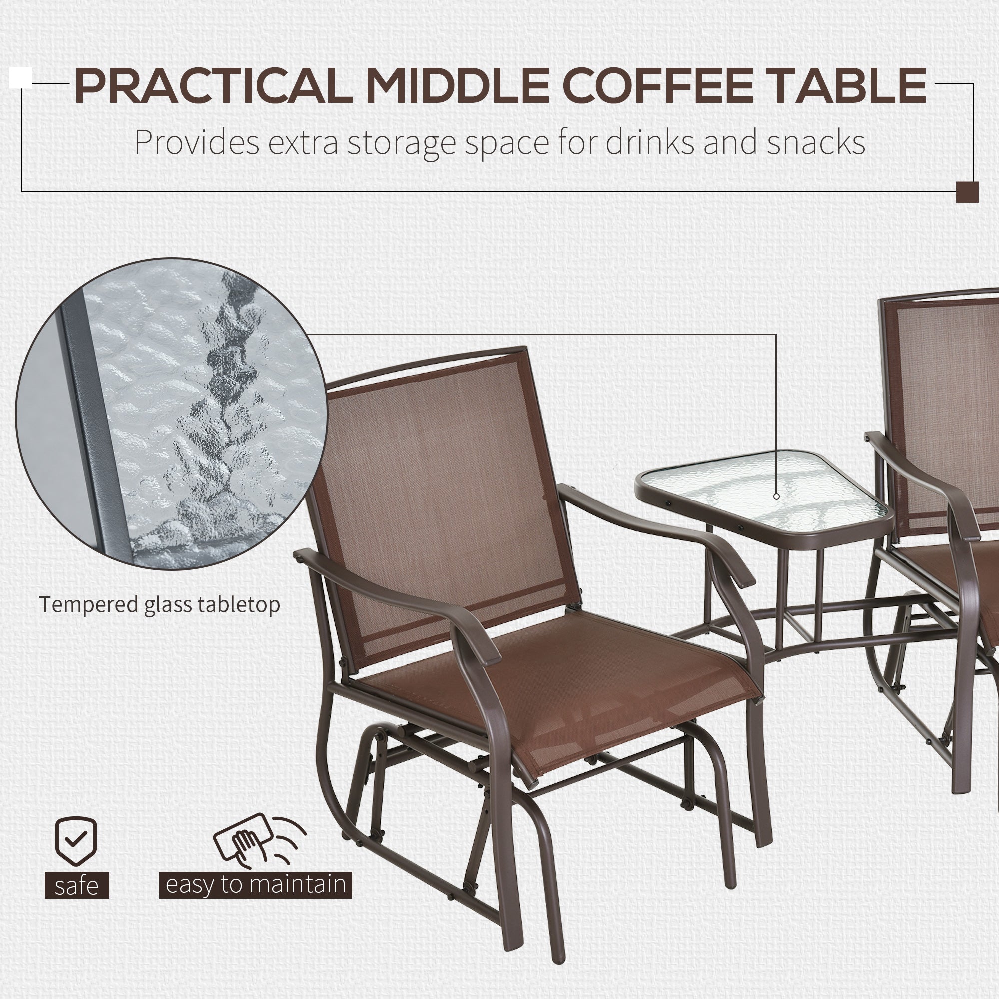 Outdoor Glider Chairs with Coffee Table, Patio 2-Seat Rocking Chair Swing Loveseat with Breathable Sling for Backyard, Garden, and Porch, Coffee Brown