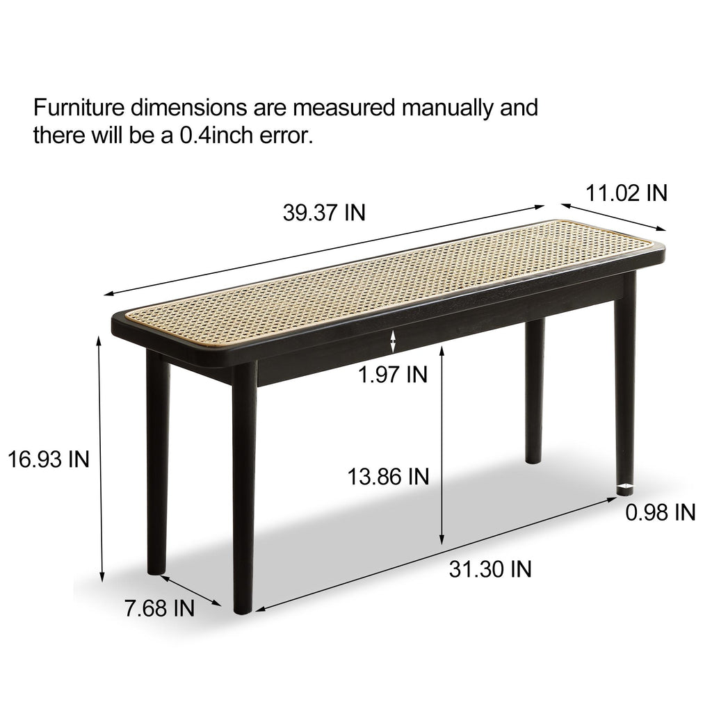 Modern Solid Oak Wood Bench with Handwoven Rattan Seat, Versatile Dining Stool with Sturdy Rounded Legs, 39.5″ L x 11″ W x 17″ H, Black