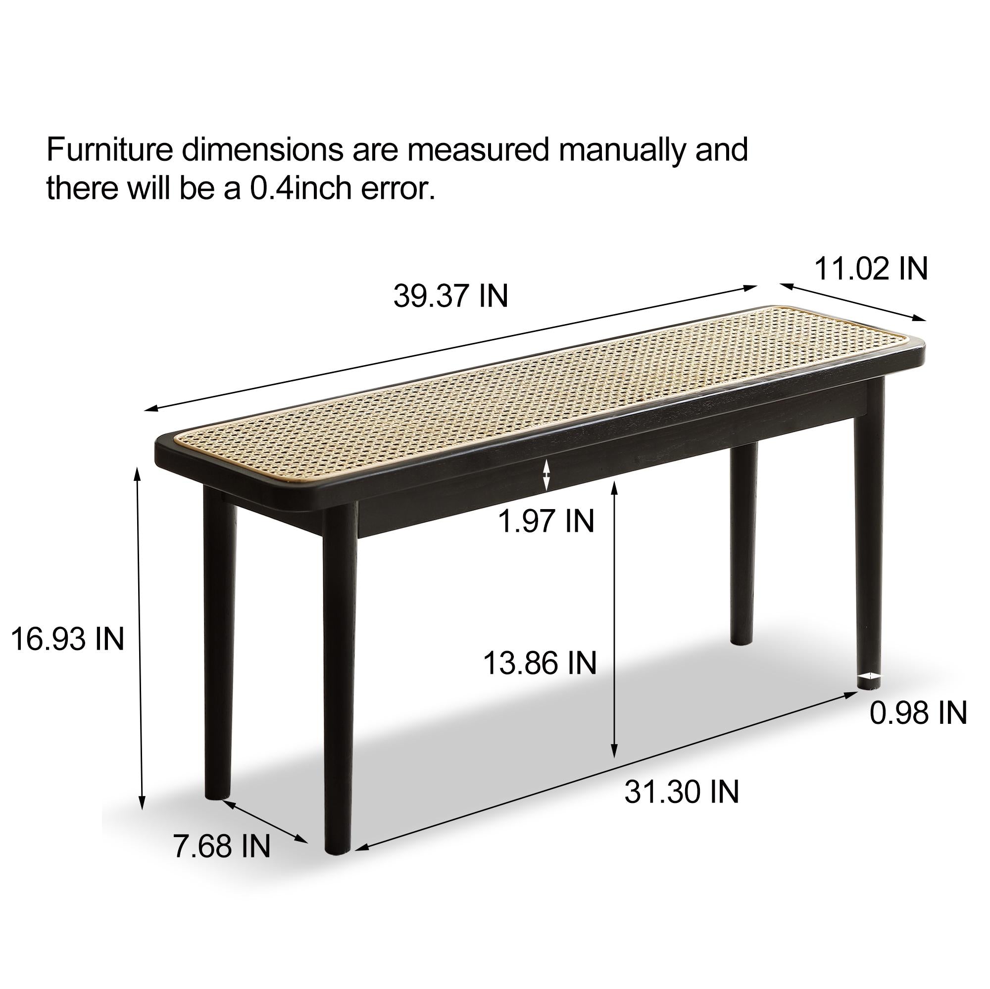 Modern Solid Oak Wood Bench with Handwoven Rattan Seat, Versatile Dining Stool with Sturdy Rounded Legs, 39.5″ L x 11″ W x 17″ H, Black