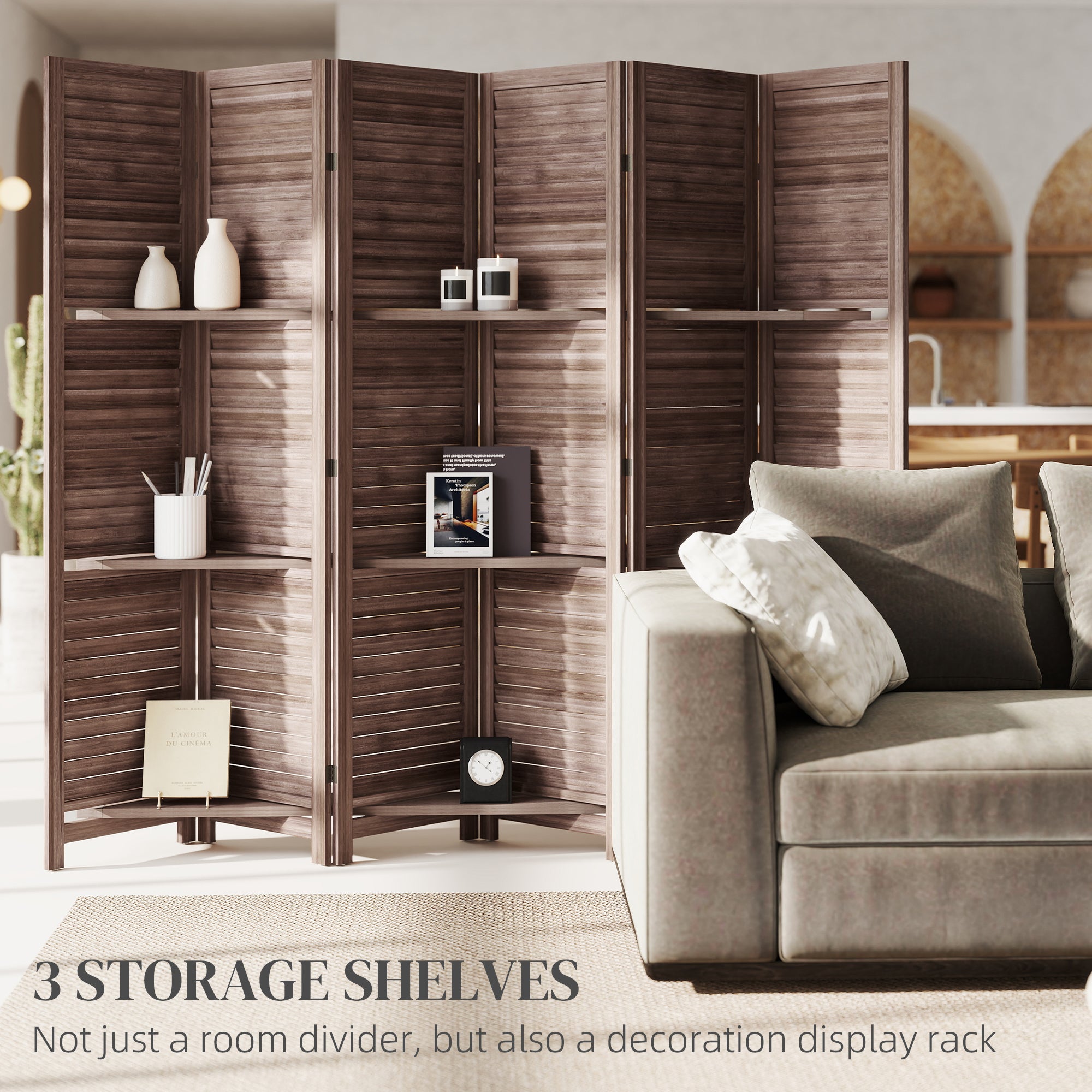 6 Panel 67" Tall Wood Privacy Screen Room Divider with 3 Shelves and Folding Storage for Bedroom, Walnut