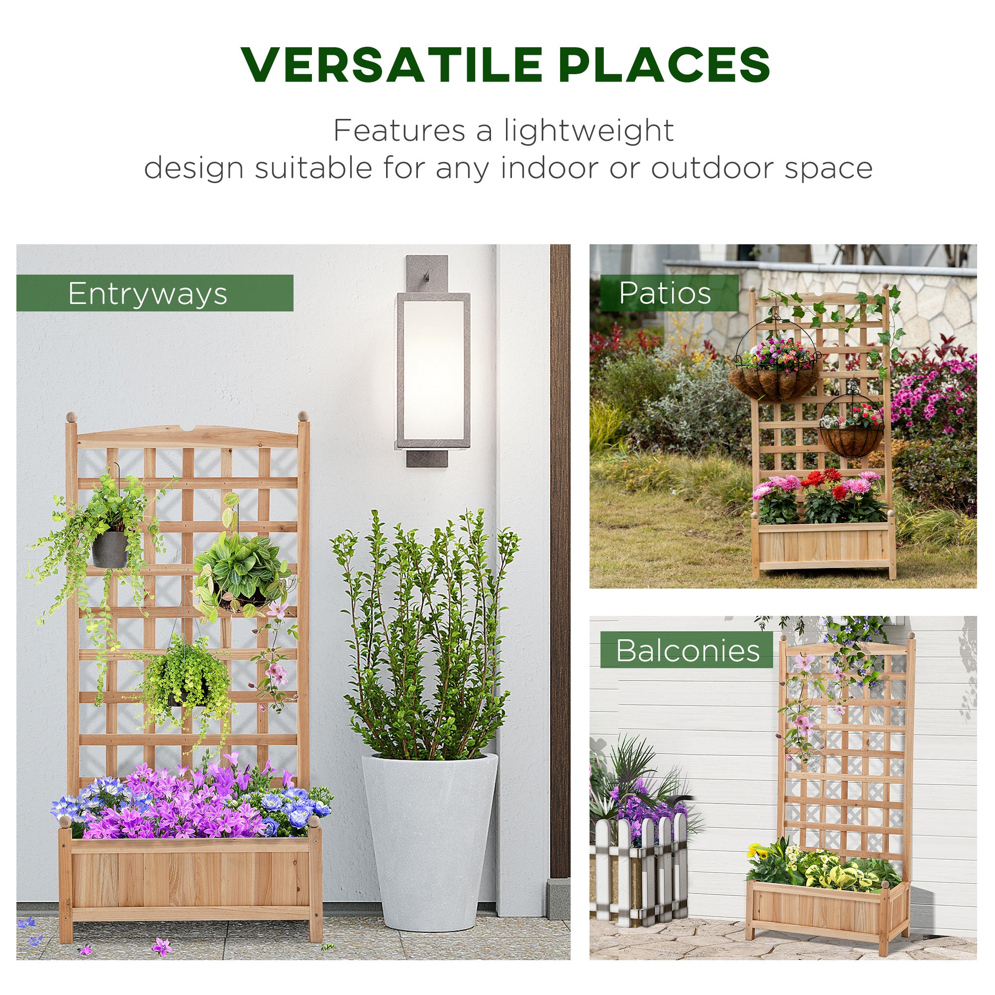 Wooden Raised Garden Bed with Trellis, Outdoor Planter Box with Drainage Crevices for Climbing Vine Plants Flowers, 24" x 12" x 49"