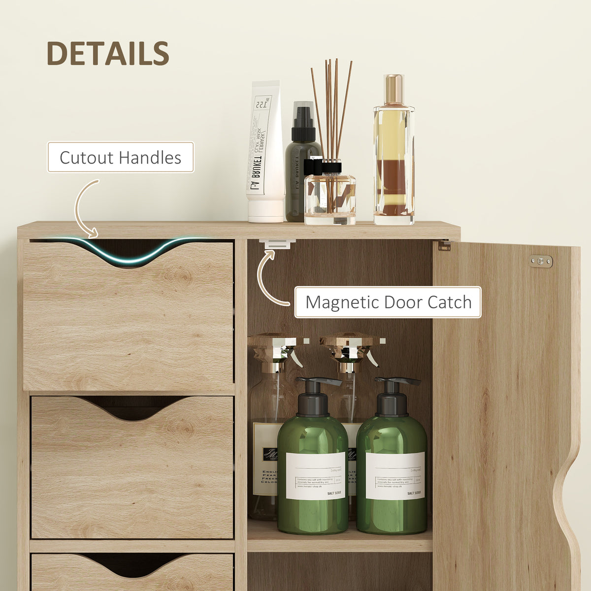 Freestanding Storage Cabinet, Bathroom Floor Cabinet with 4 Drawers and Door, Oak