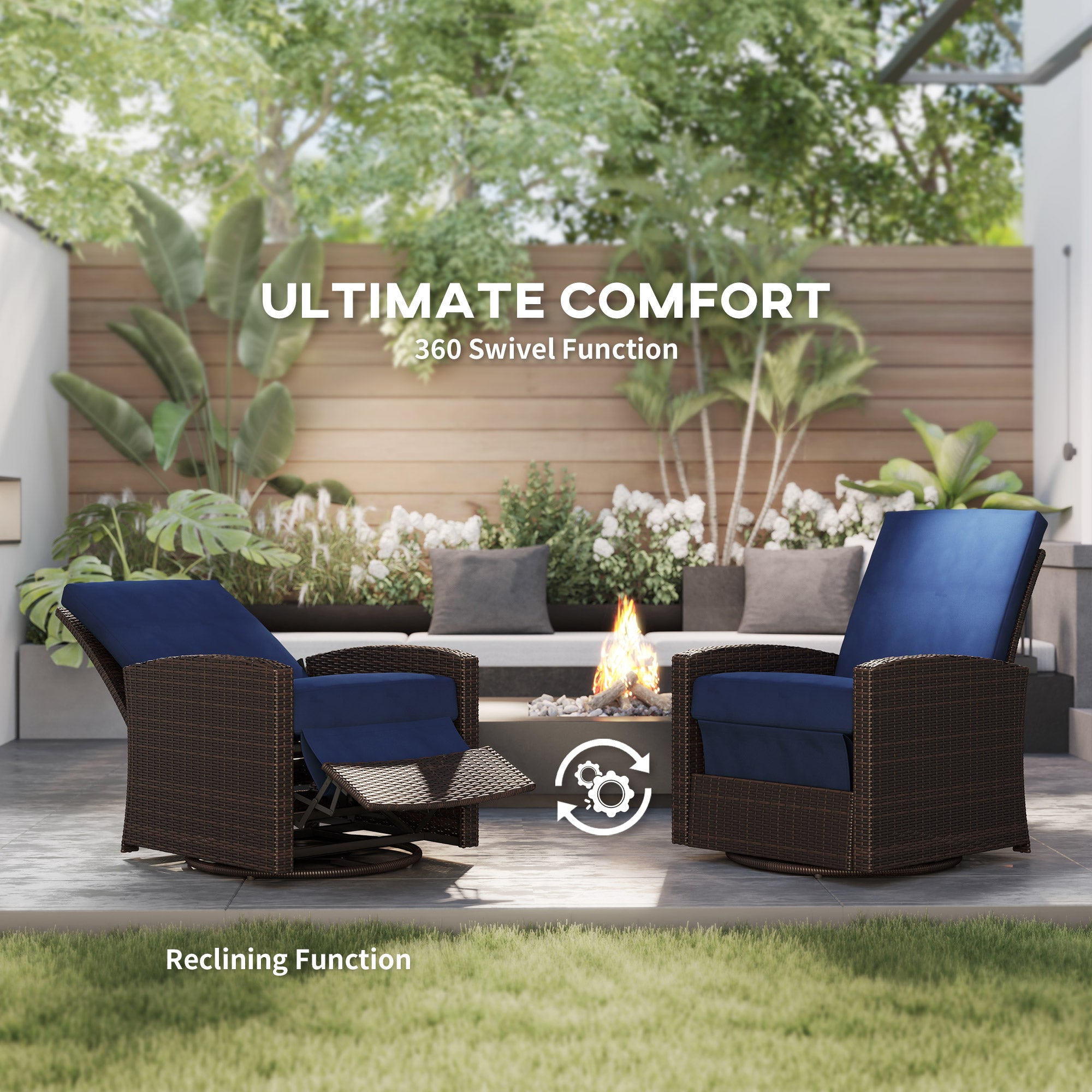 Outdoor Wicker Chair, Reclining Backrest, Lifting Footrest, 360° Rotating Basic, Water Resistant Cushions, Dark Blue