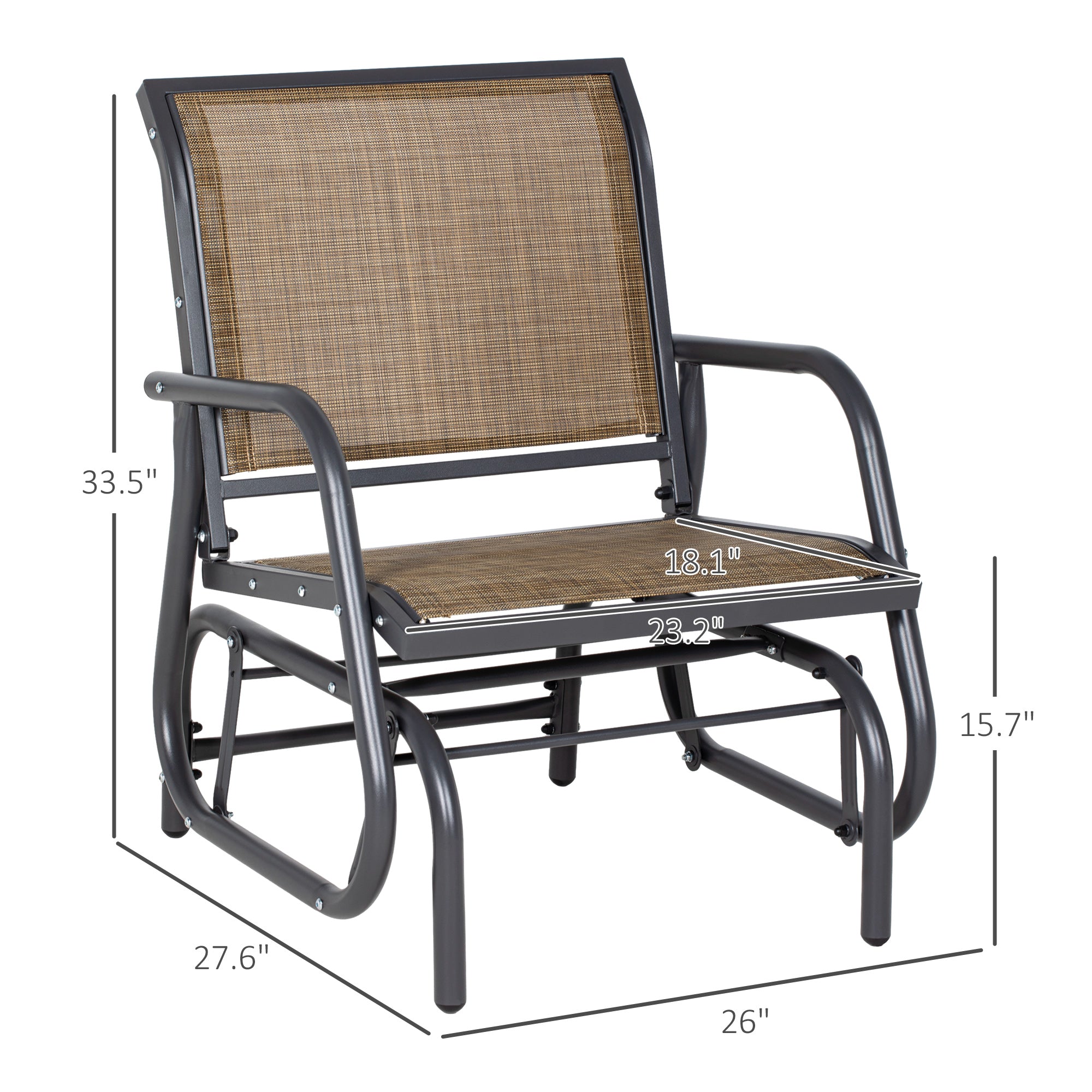 2 Pieces Outdoor Glider Chair, Steel Swing Chai with Curved Armrests for Porch, Garden, Poolside, Balcony, Mixed Brown