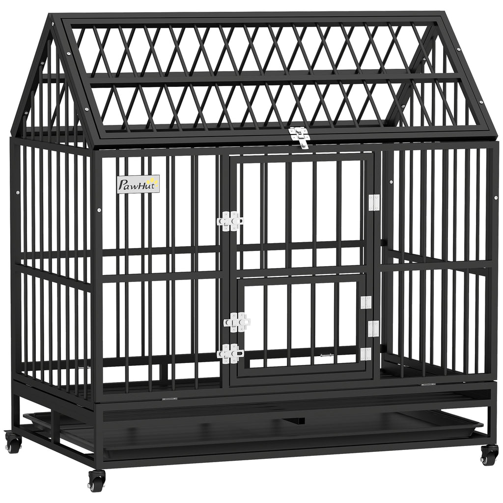 48" Heavy Duty Dog Crate with 4 Lockable Wheels, Double Doors, and Removable Tray, for XL and L Dogs
