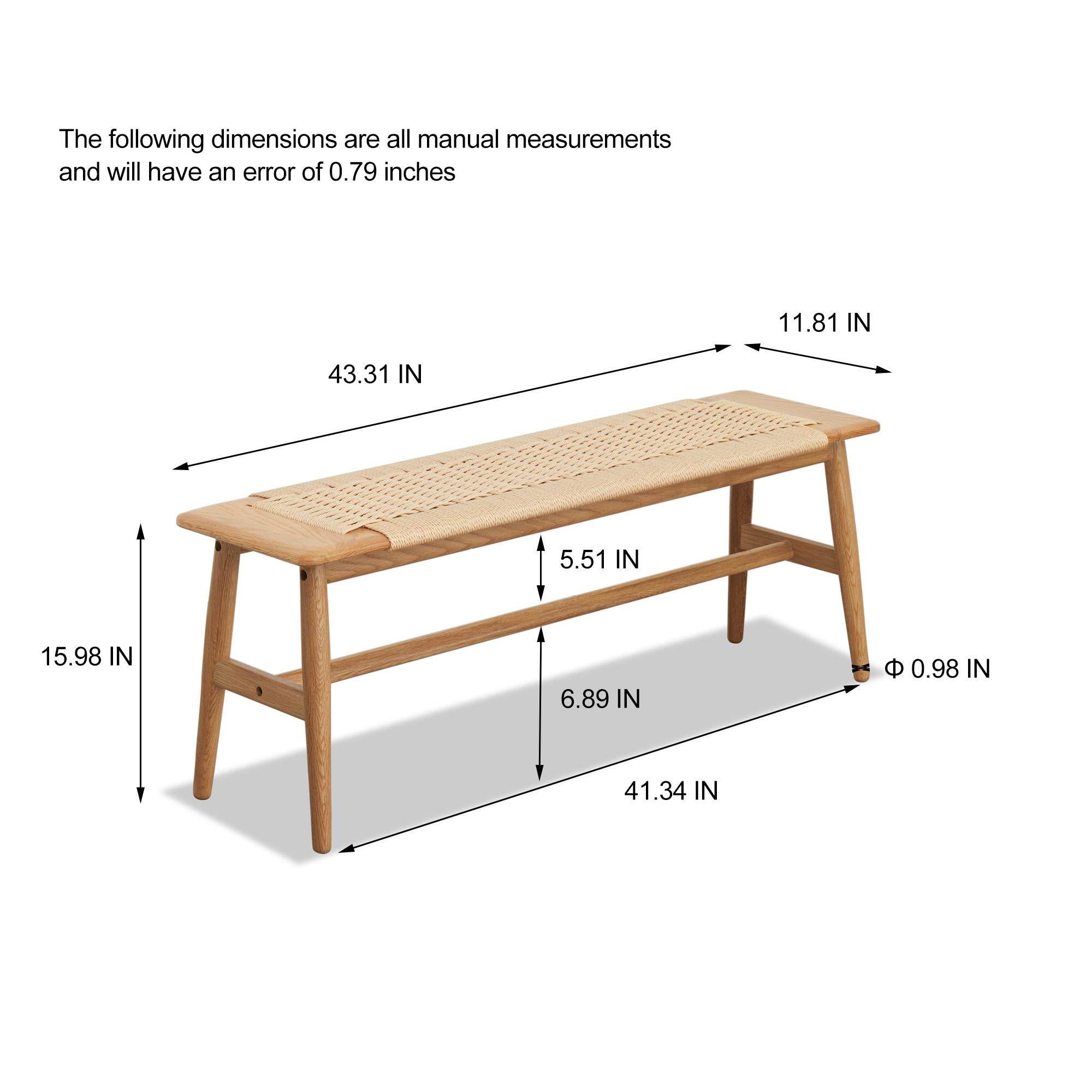 Solid Dining Bench with Handwoven Breathable Seat, Durable Wood Bench for Entryway or Dining, 43.5″ L x 12″ W x 16″ H, Oak