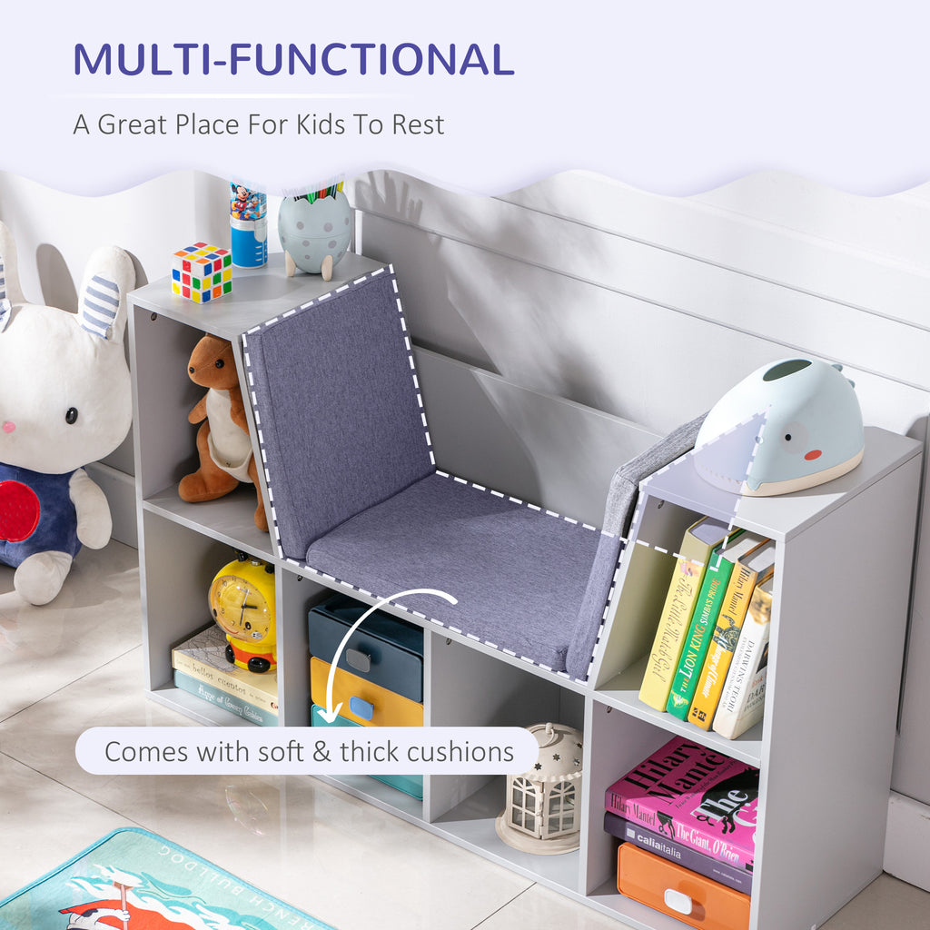 6-Cubby Kids Bookcase with Reading Nook and Cushion, Multi-Purpose Storage Organizer for Bedroom, Living Room, Grey