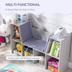6-Cubby Kids Bookcase with Reading Nook and Cushion, Multi-Purpose Storage Organizer for Bedroom, Living Room, Grey