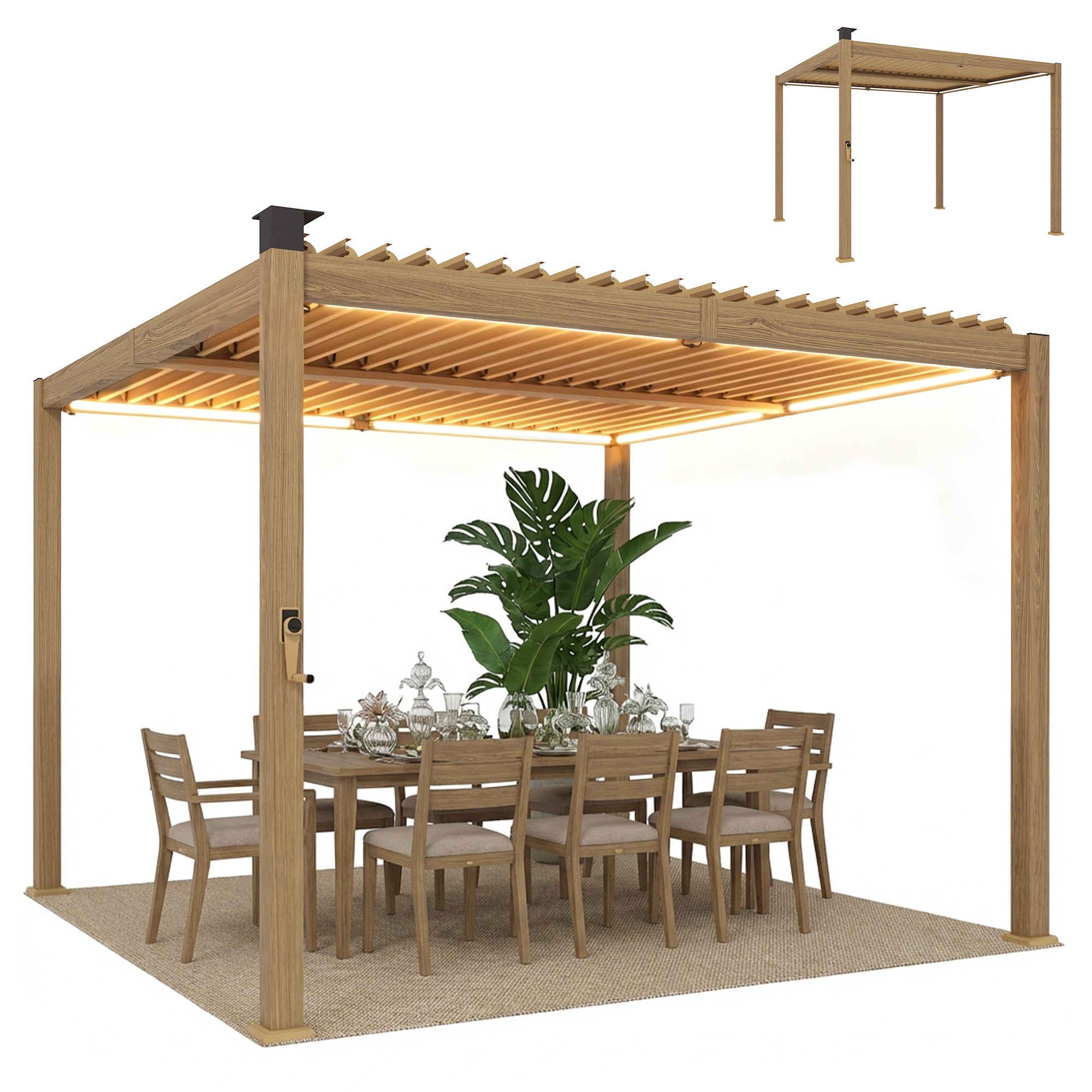 10' x 10' Louvered Pergola with Solar LED lights, Metal Roof, Outdoor Pergola Patio Gazebo with Drainage Gutters, Brown