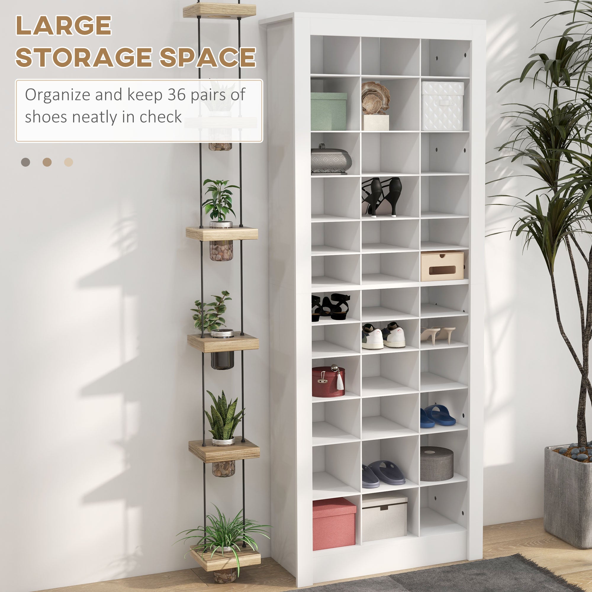 71" Shoe Storage Cabinet with 3 Heights of Open Cubes for 36 Pairs, Narrow Shoe Organizer, White