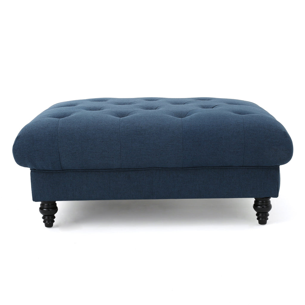 Tufted Ottoman with Upholstered Polyester Blend, Button Tufting, Turned Feet, 40.5" x 40.5" x 16.9", Navy Blue