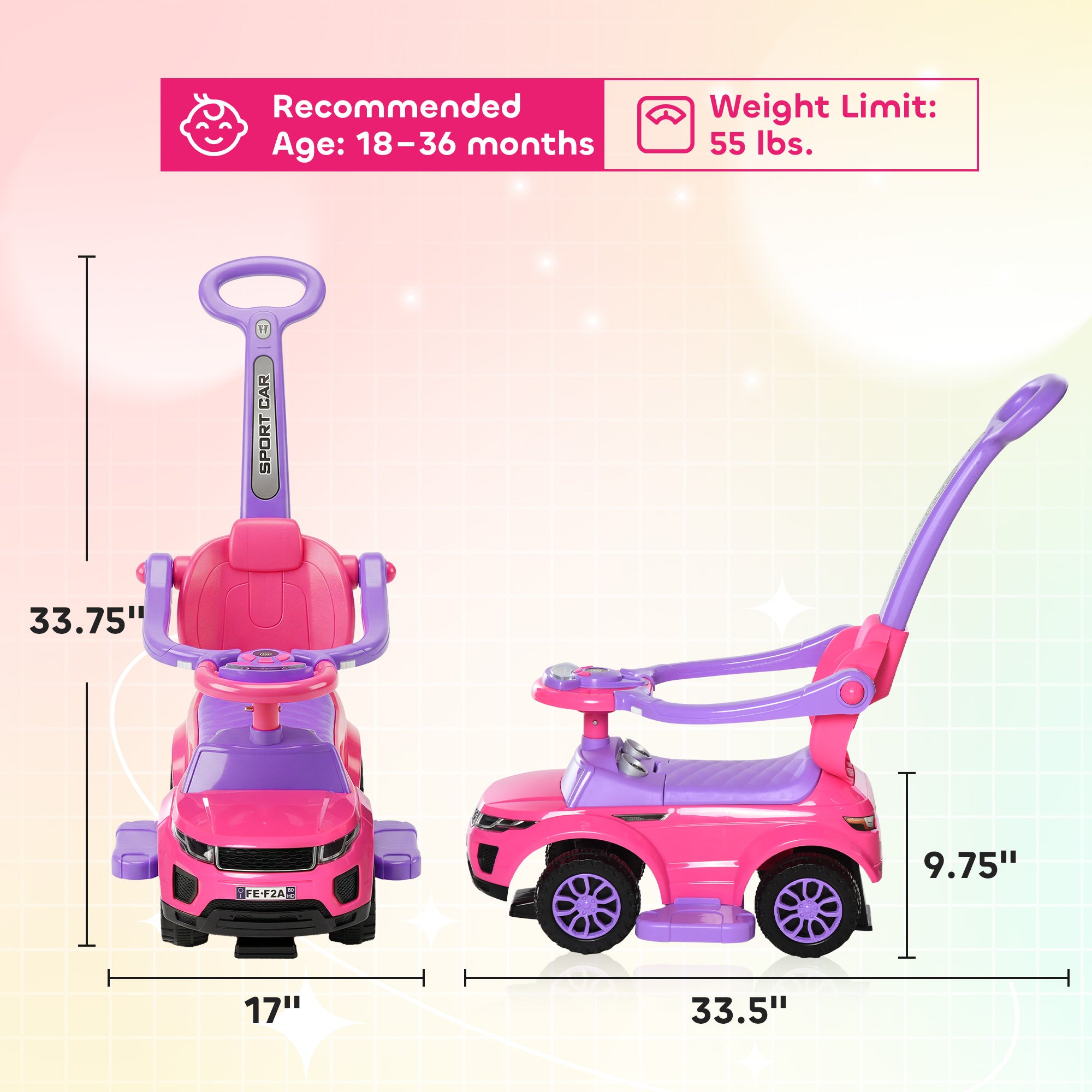 3 In 1 Push Cars for Toddlers Kid Ride on Push Car Stroller Sliding Car with Horn Music Light Function Secure Bar Ride on Toy for Boy Girl 18-36 Months, Pink