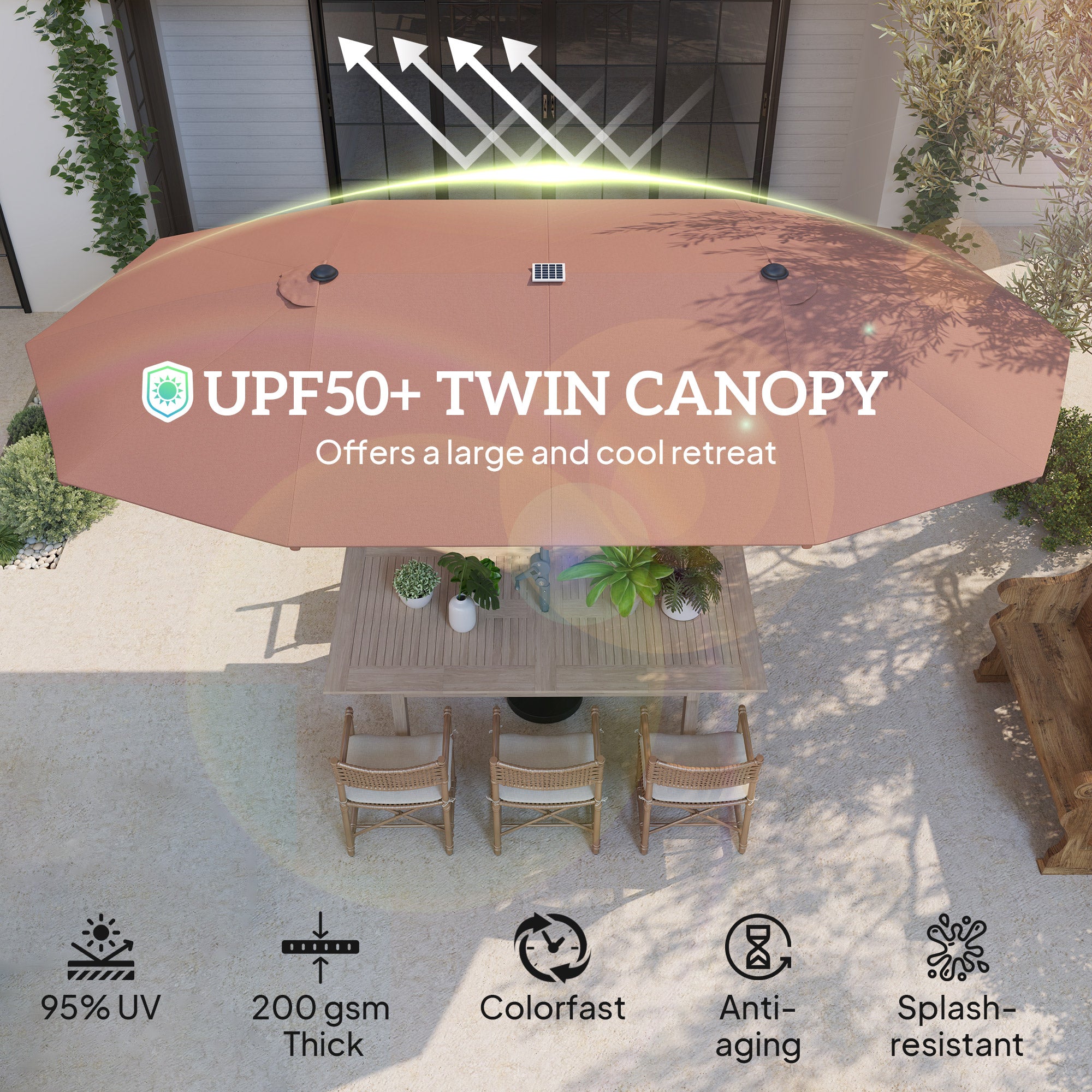 15ft Double-Sided Outdoor Umbrella with Solar Lights, UPF50+ Extra Large Aluminum Patio Umbrella with Crank, Tan