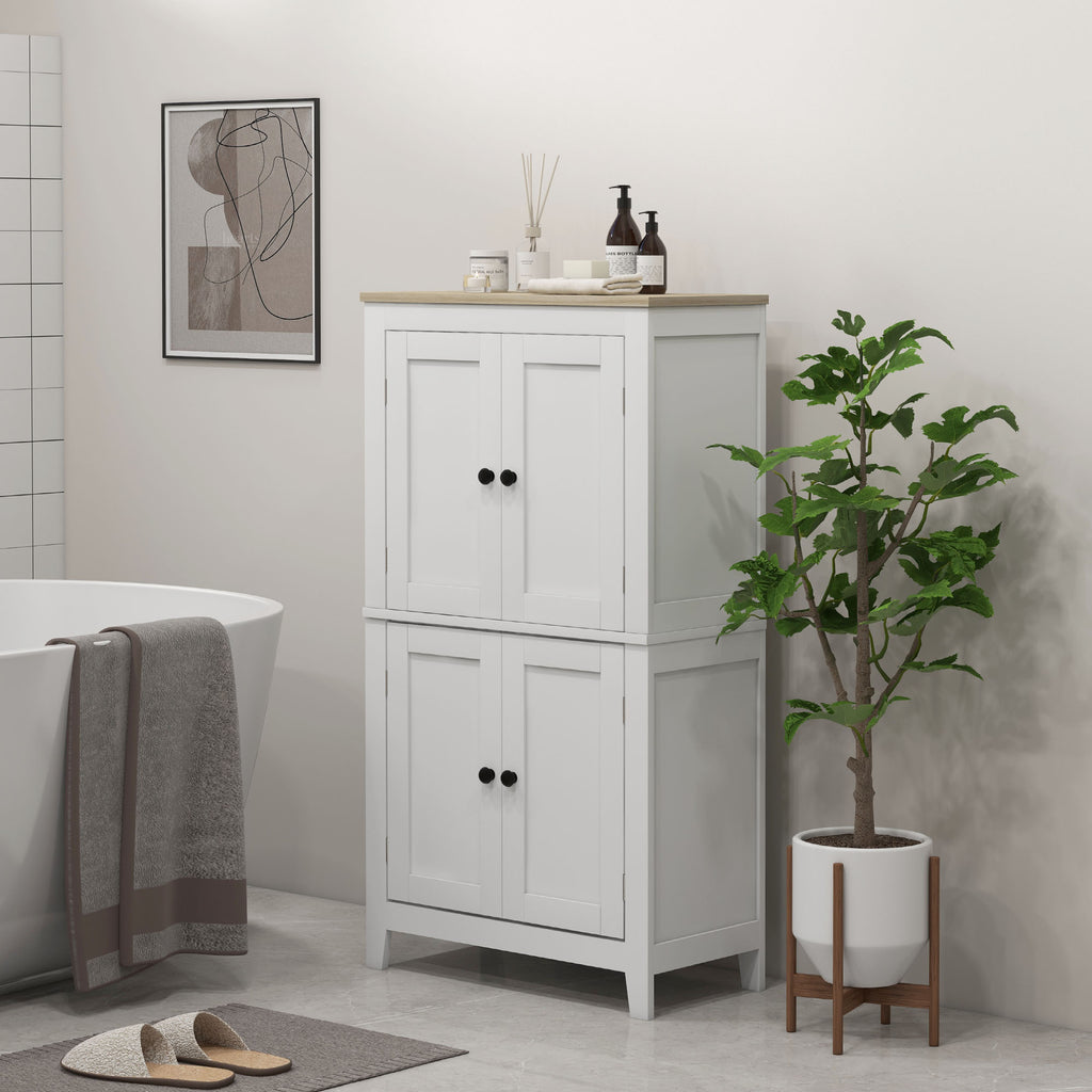 Bathroom Storage Cabinet, Modern Bathroom Floor Cabinet with 4 Doors and 2 Adjustable Shelves, White