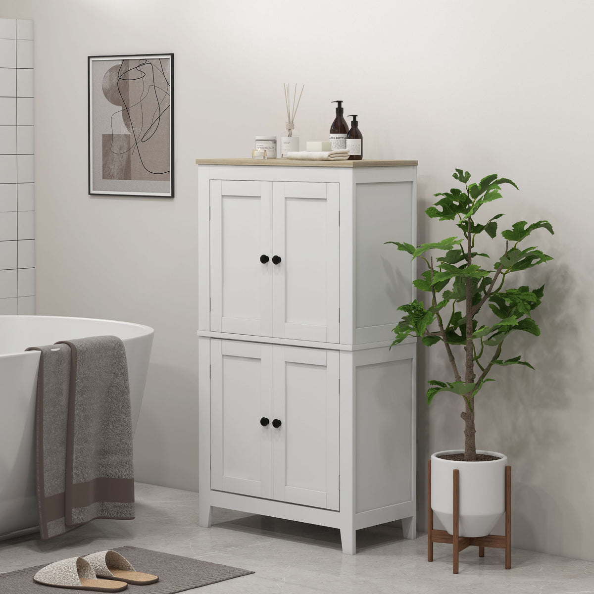 Bathroom Storage Cabinet, Modern Bathroom Floor Cabinet with 4 Doors and 2 Adjustable Shelves, White