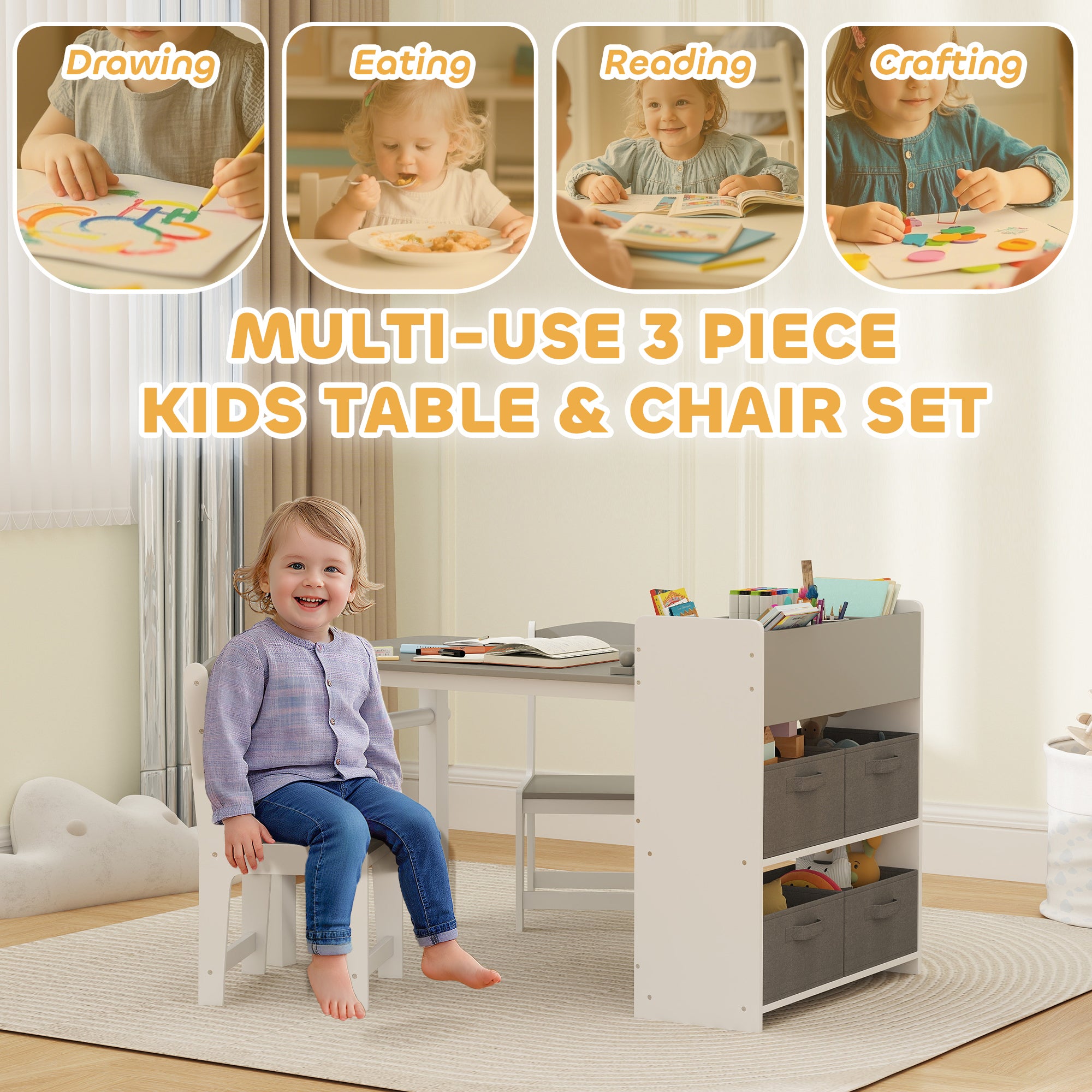 Kids Desk and Chair Set with Paper Roll, Kids Activity Craft Table with Storage Shelves and Drawers, Gray