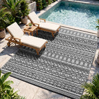 Reversible Outdoor Rug Carpet RV Camping Rugs with Carry Bag, 8' x 10', Gray & Cream White Boho