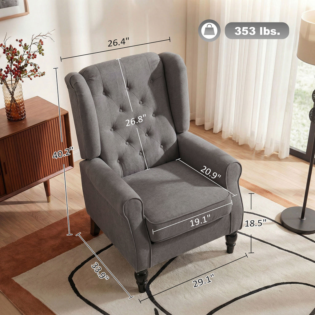 Wingback Accent Chair for Living Room, Button-Tufted Lounge Chair with Round Armrests and Wood Legs, Dark Gray