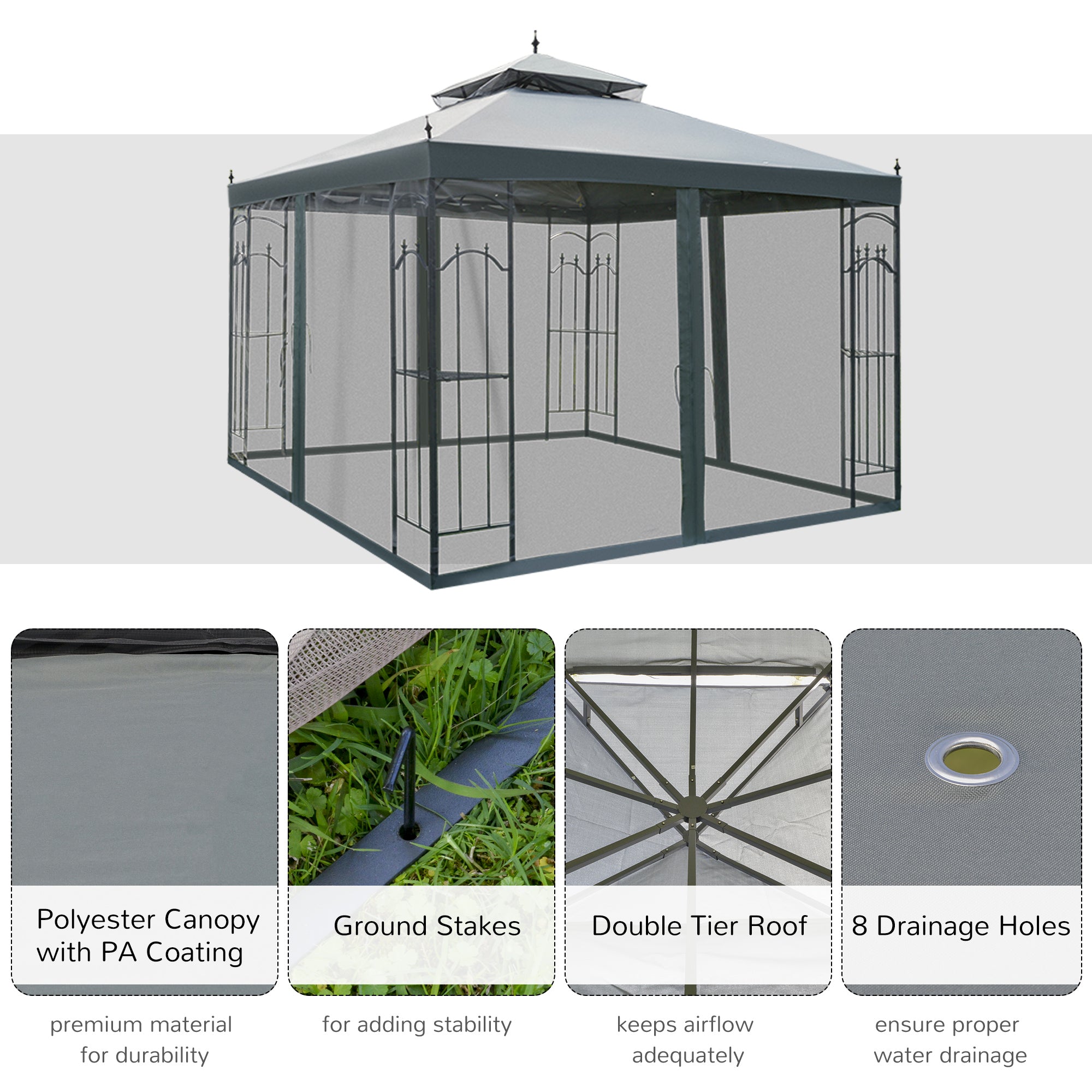 118" x 118" Steel Outdoor Patio Gazebo Canopy with Removable Mesh Curtains, Display Shelves, & Steel Frame, Gray