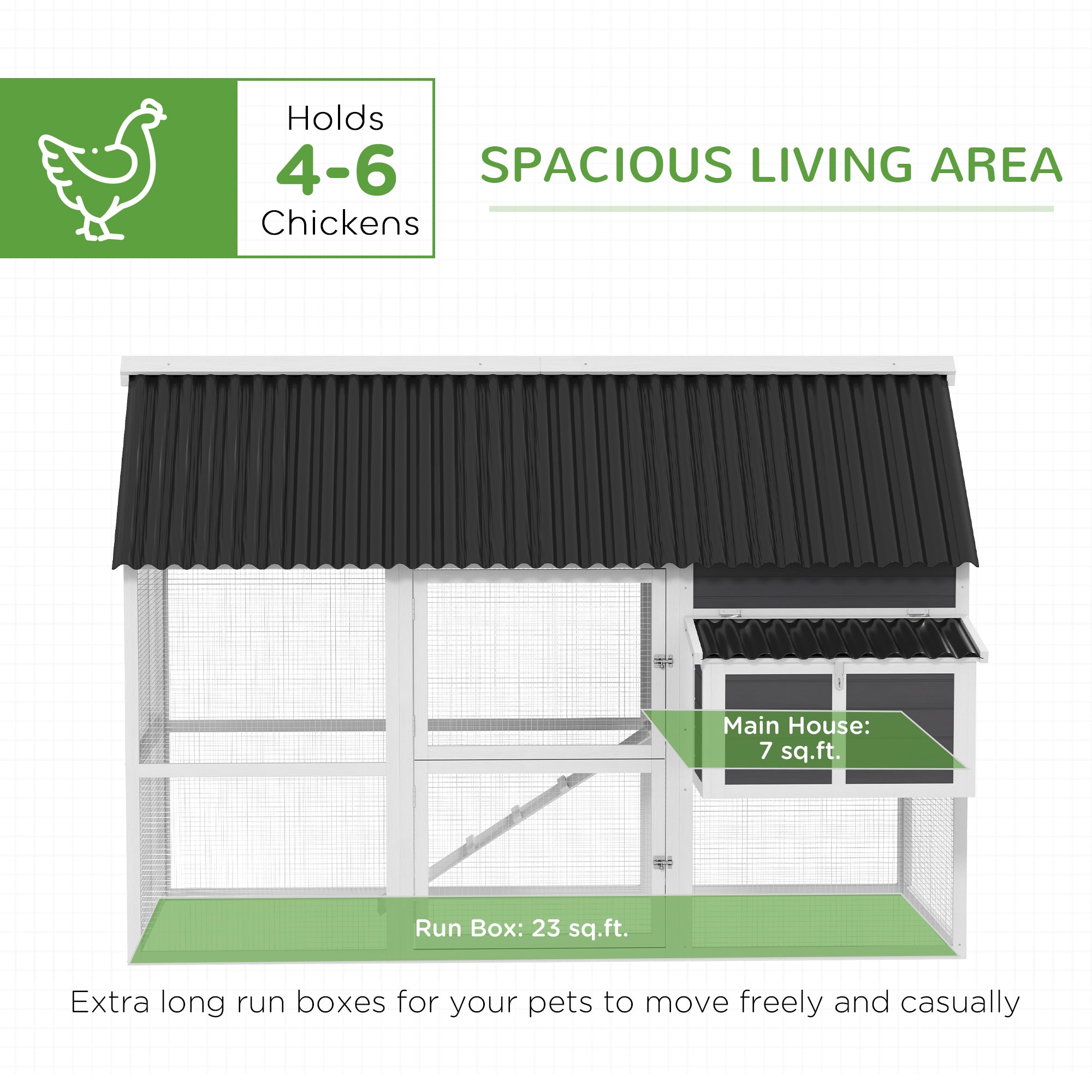 Wooden Chicken Coop with Run, 2 Nesting Boxes, 2 Roosting Bars, Ramp & Tray, Poultry Cage for 4-6 Chickens, Gray