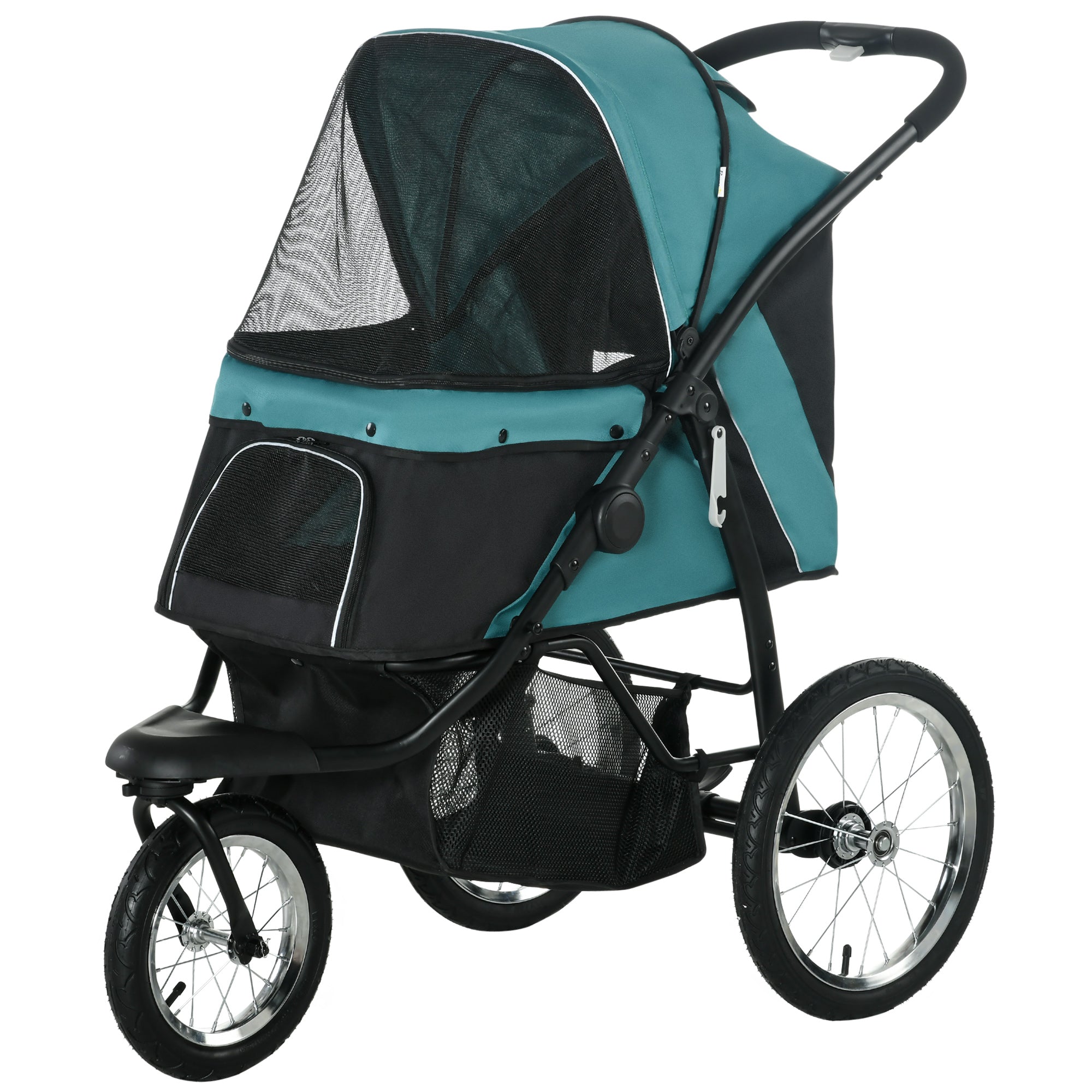 3 Wheels Pet Stroller for Small Dogs and Medium Dogs with Adjustable Canopy, Safety Tether, Storage Basket, Dark Green