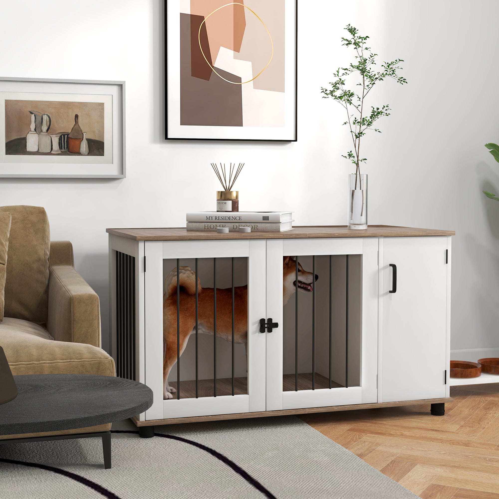 Dog Crate Furniture Side End Table Indoor w/ Storage, Double Doors