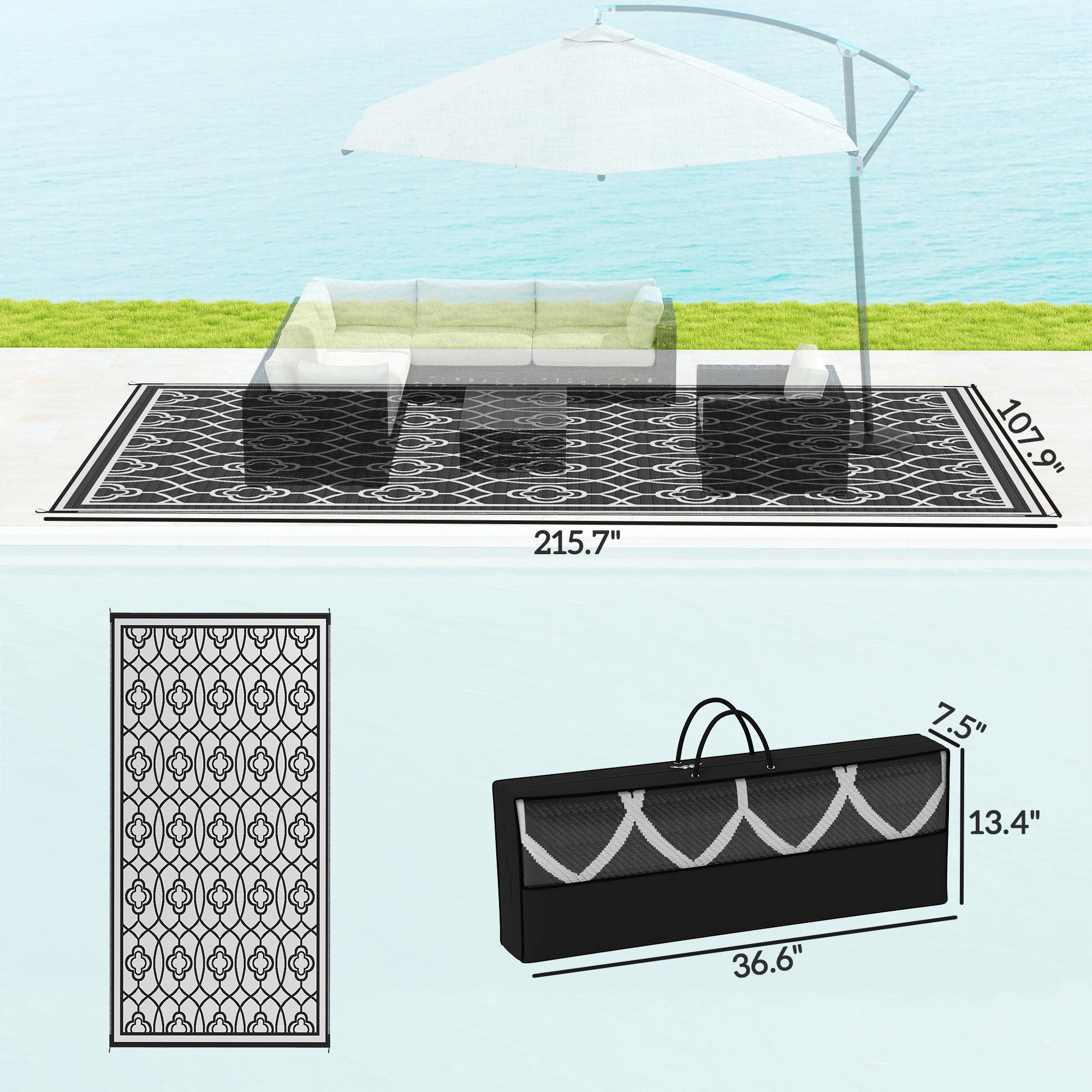 Reversible Outdoor Rug, Waterproof Plastic Straw with Carry Bag, 9' x 18', Black & White Lantern
