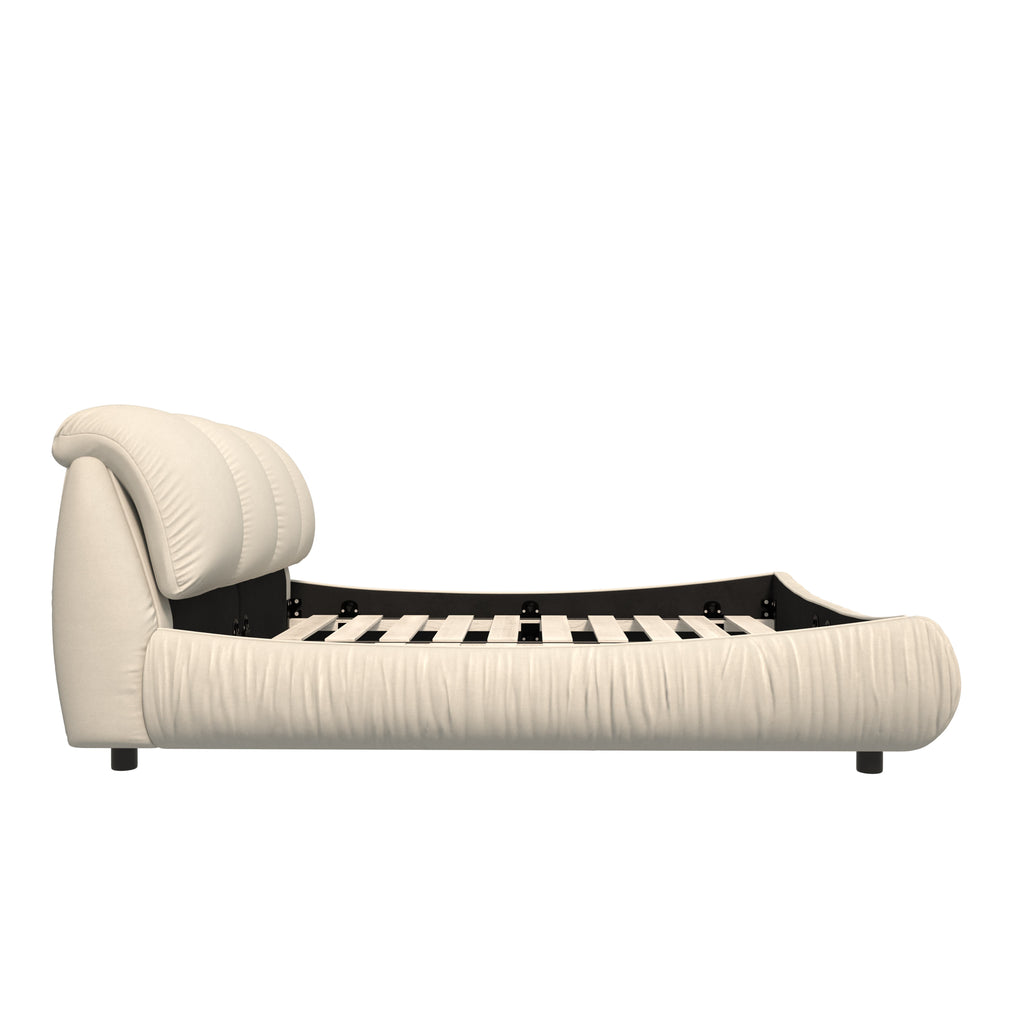 King Size Upholstered Bed with Oversized Padded Backrest, Solid Wood Frame, Adjustable Mattress Heights, 96.5" L x 86" W x 43.5" H, Beige
