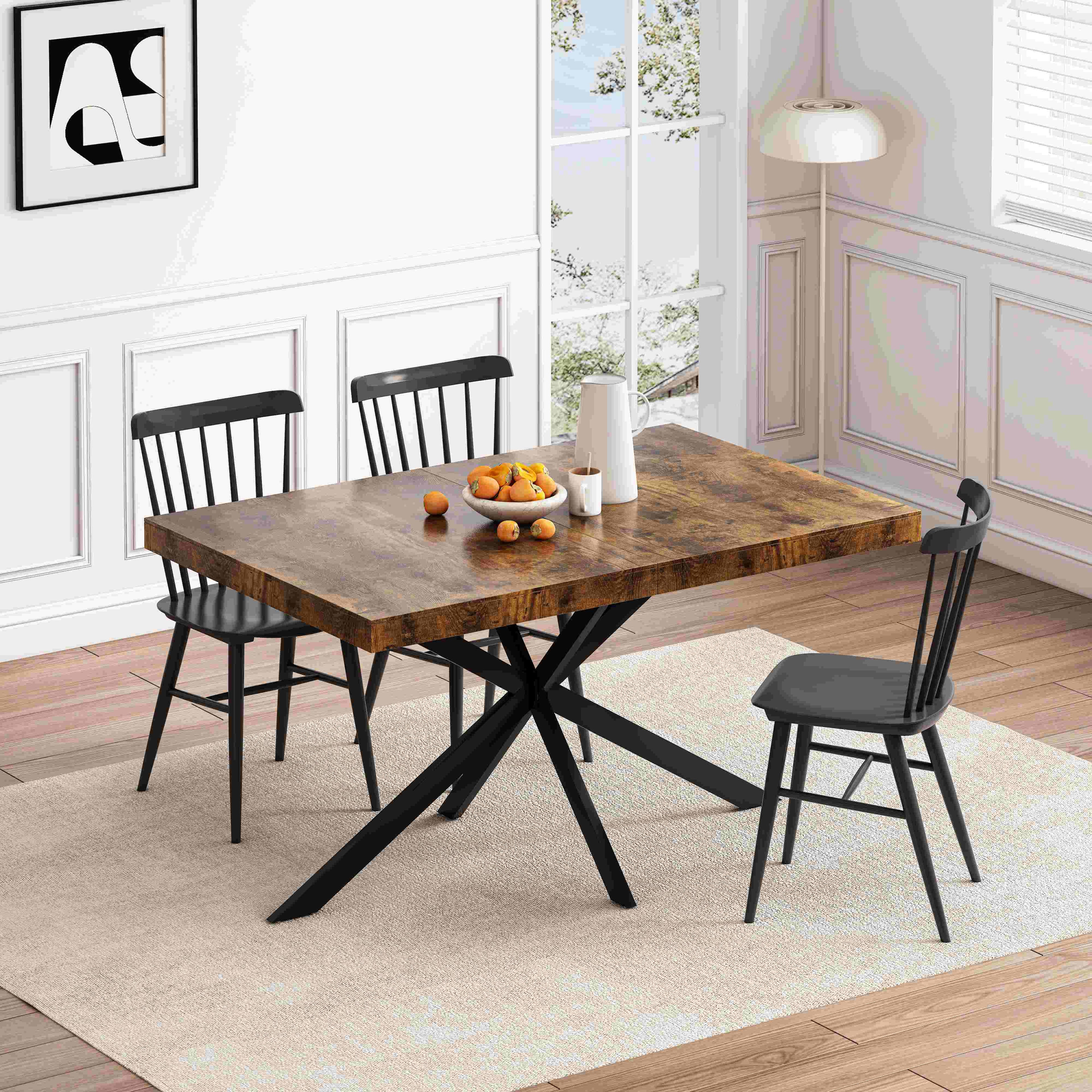 Retro Rectangular Stretch Dining Table, Antique Wood Top, Black Iron Base, with Storage Box, 55.11"-70.86", Black Brown