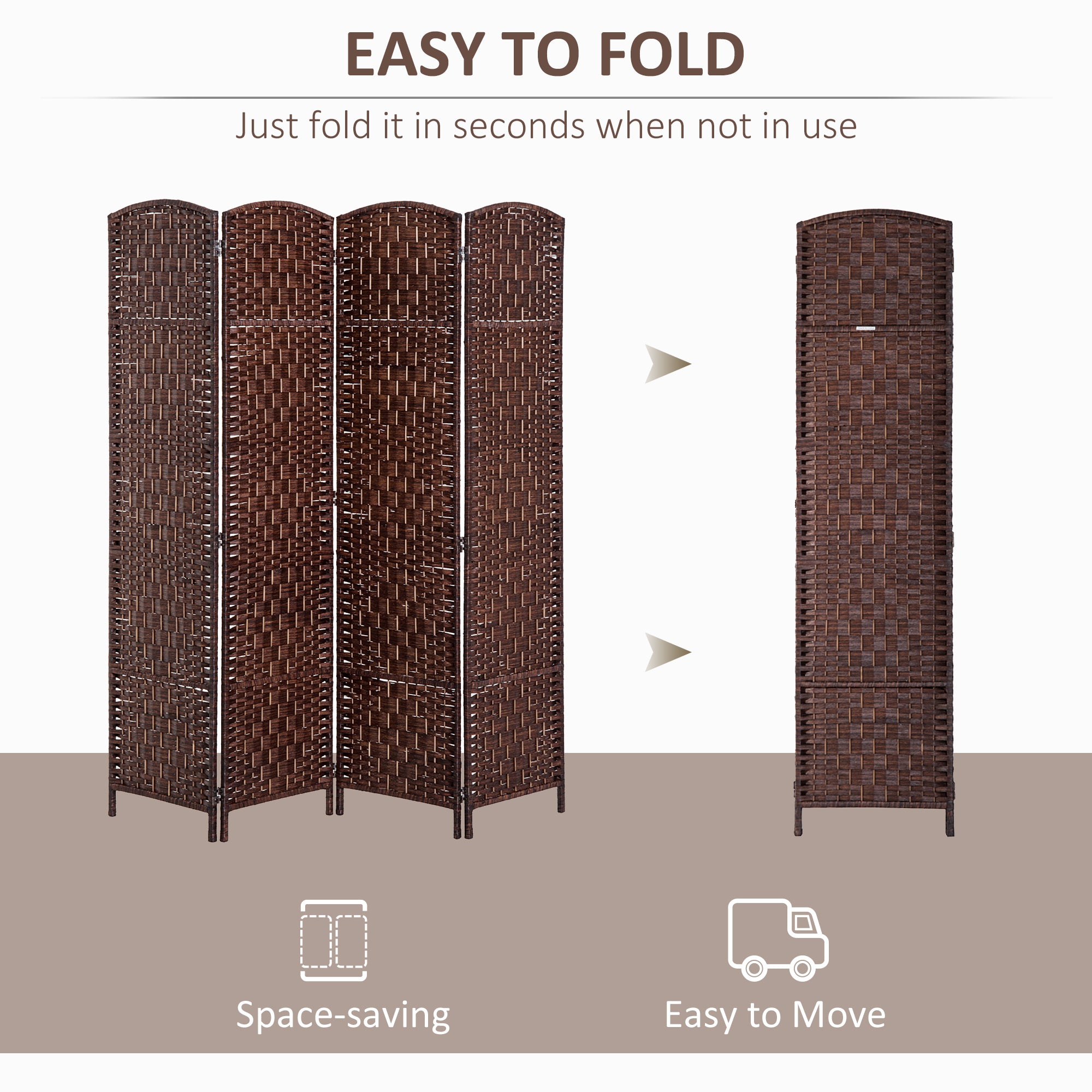 Room Divider 4 Panel, 6FT Tall Folding Privacy Screen, Freestanding Hand-Woven Partition for Room Separation with 360° Hinges, Paper Rope Diamond Weave, Brown