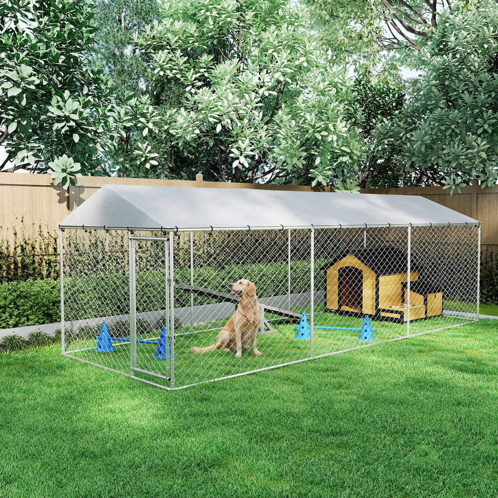 20' x 7.5' x 6.5' Dog Kennel Outdoor for Small Medium Large Dogs with Waterproof Roof, Silver
