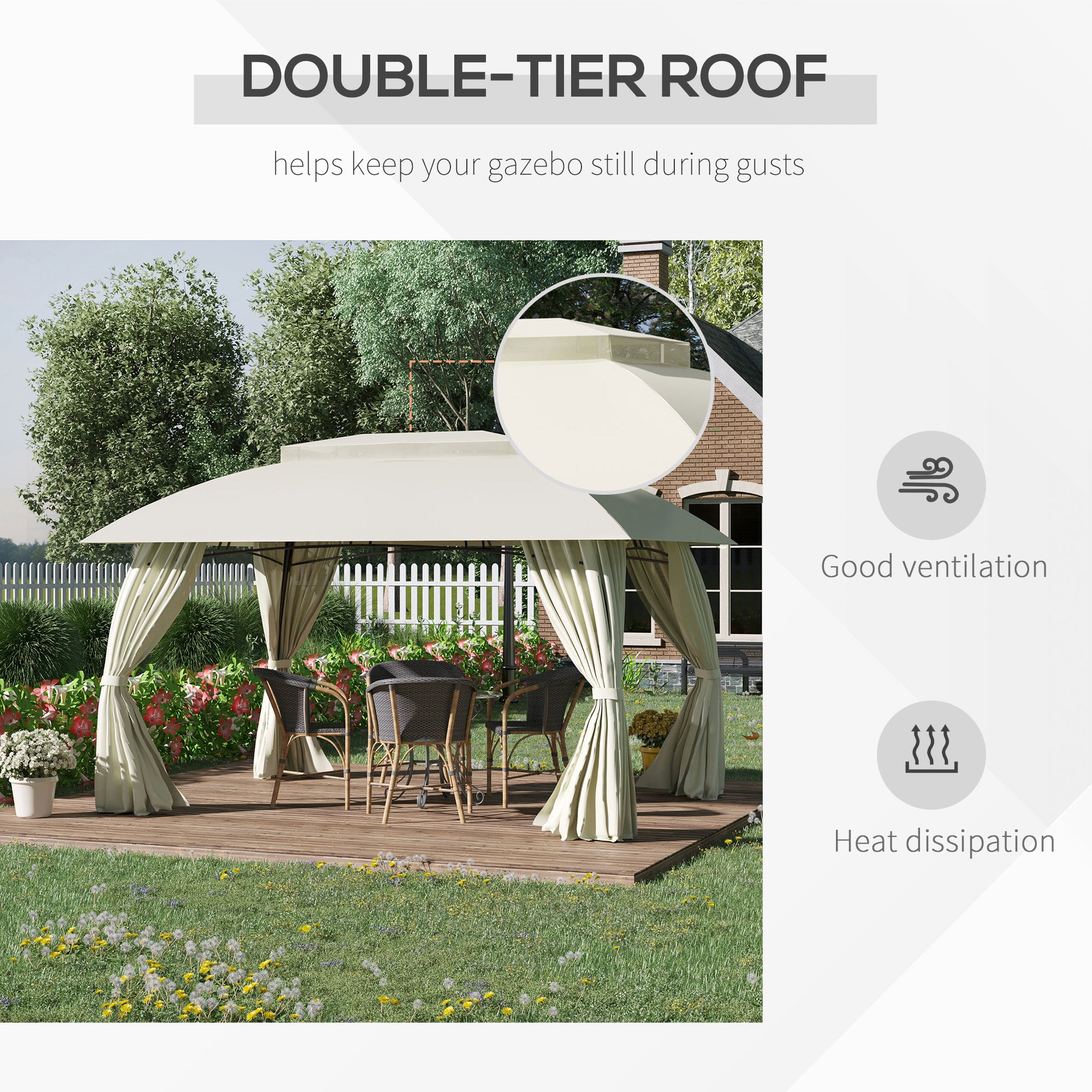 10' x 13' Outdoor Gazebo Patio Gazebo Canopy, Double Vented Roof, Steel Frame, Curtain Sidewalls, Sun Shade Shelter for Garden, Lawn, Backyard, Deck, Beige