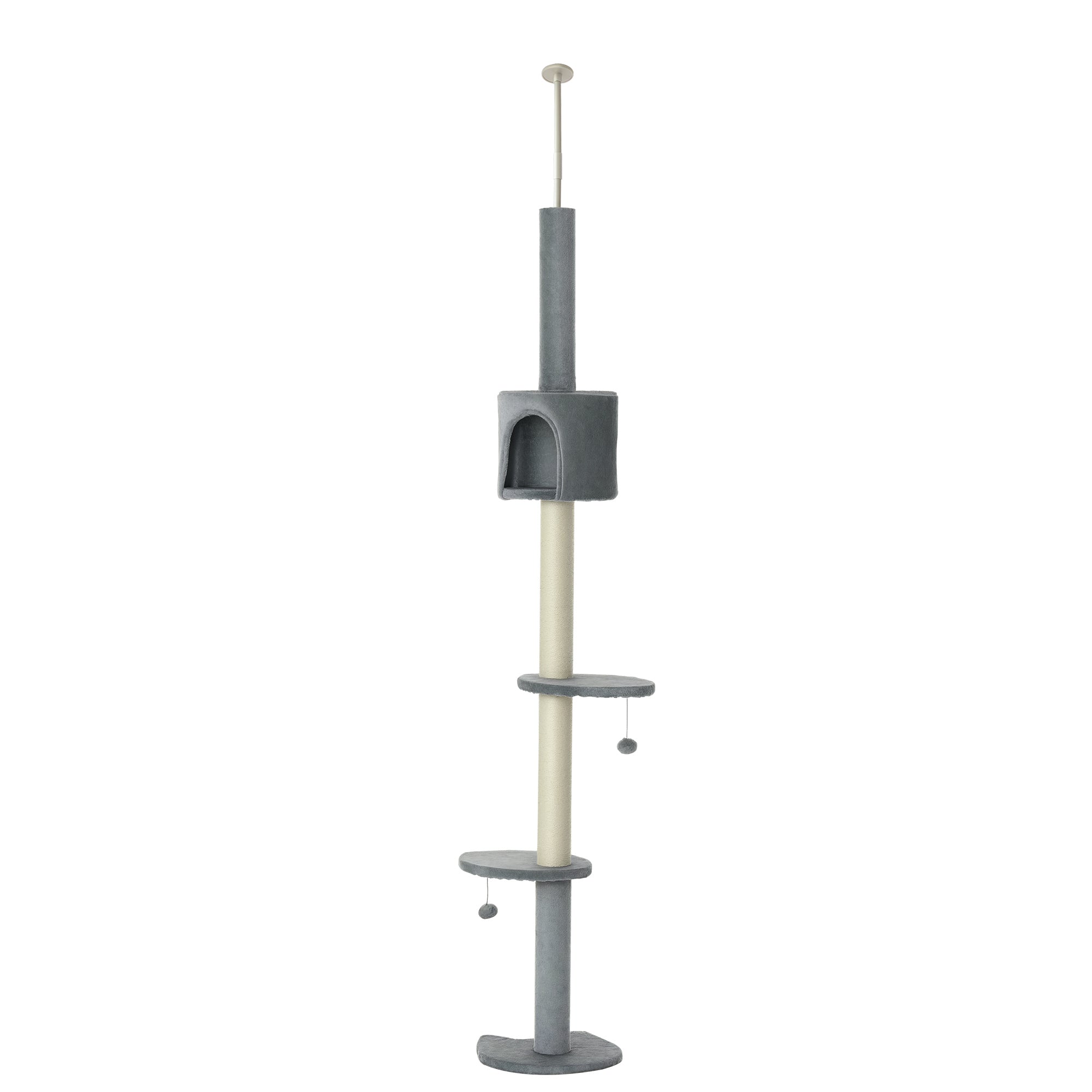 100" Cat Tree Height Adjustable Floor-to-Ceiling 4-Tier Kitty Climbing Activity Center Condo Cat Toy with Scratching Post Hanging Balls Play Rest Post Pet Furniture Grey