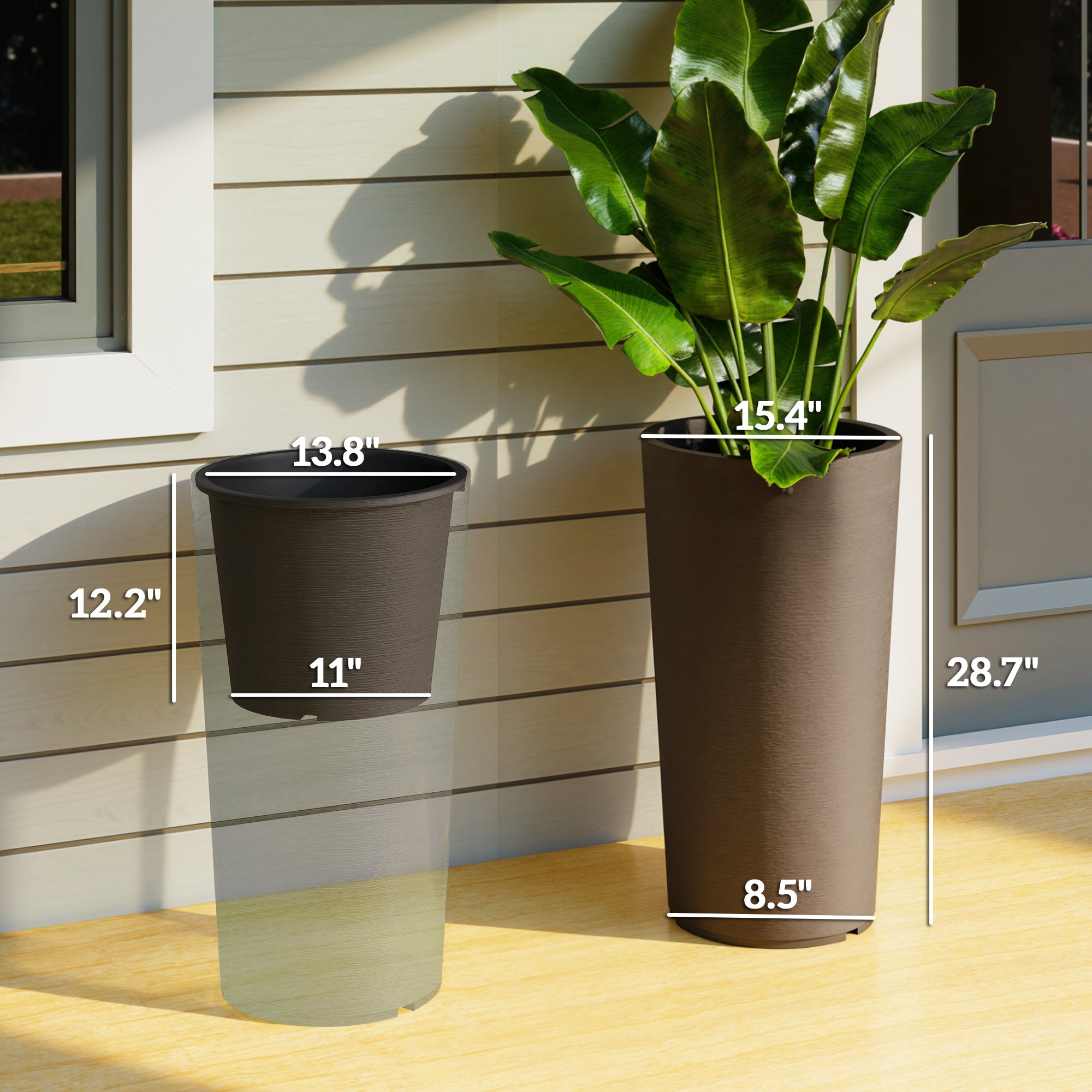 29 Inch Outdoor Planter, Set of 2 Plastic Flower Pots, Weather and UV Resistant Stackable Large Planters, Brown