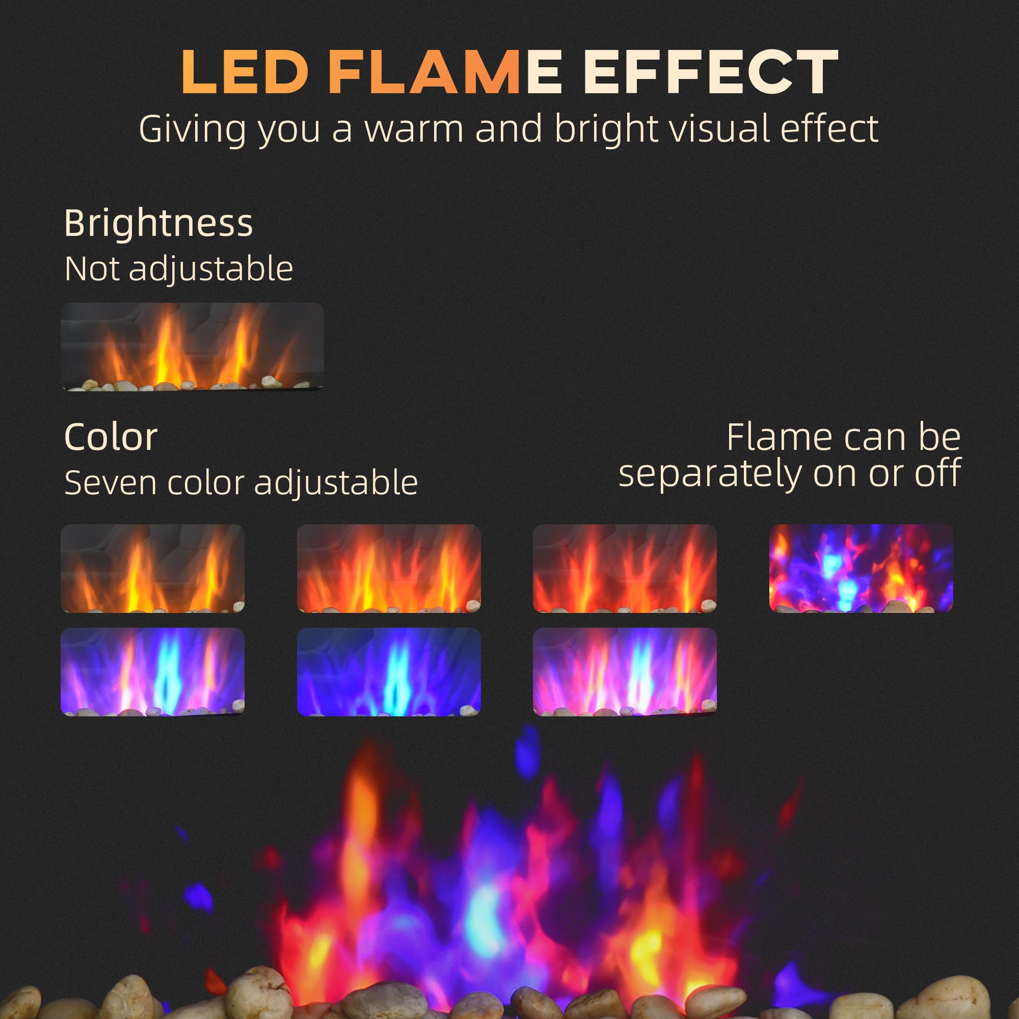 28.5" 1450W Electric Wall-Mounted Fireplace with Flame Effect, 7 Color Background Light, Black