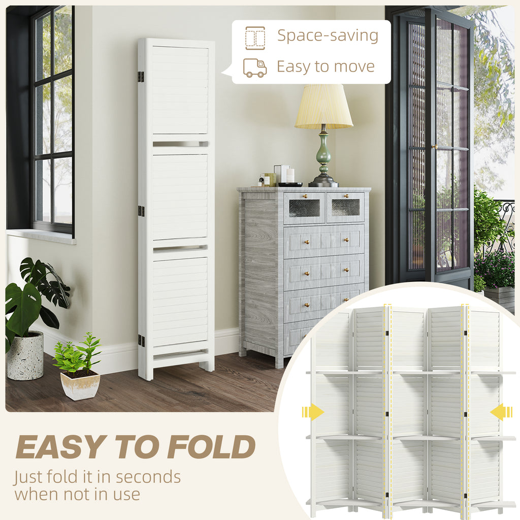 5 Panel 67" Tall Wood Privacy Screen Room Divider with 3 Shelves and Folding Storage for Bedroom, White