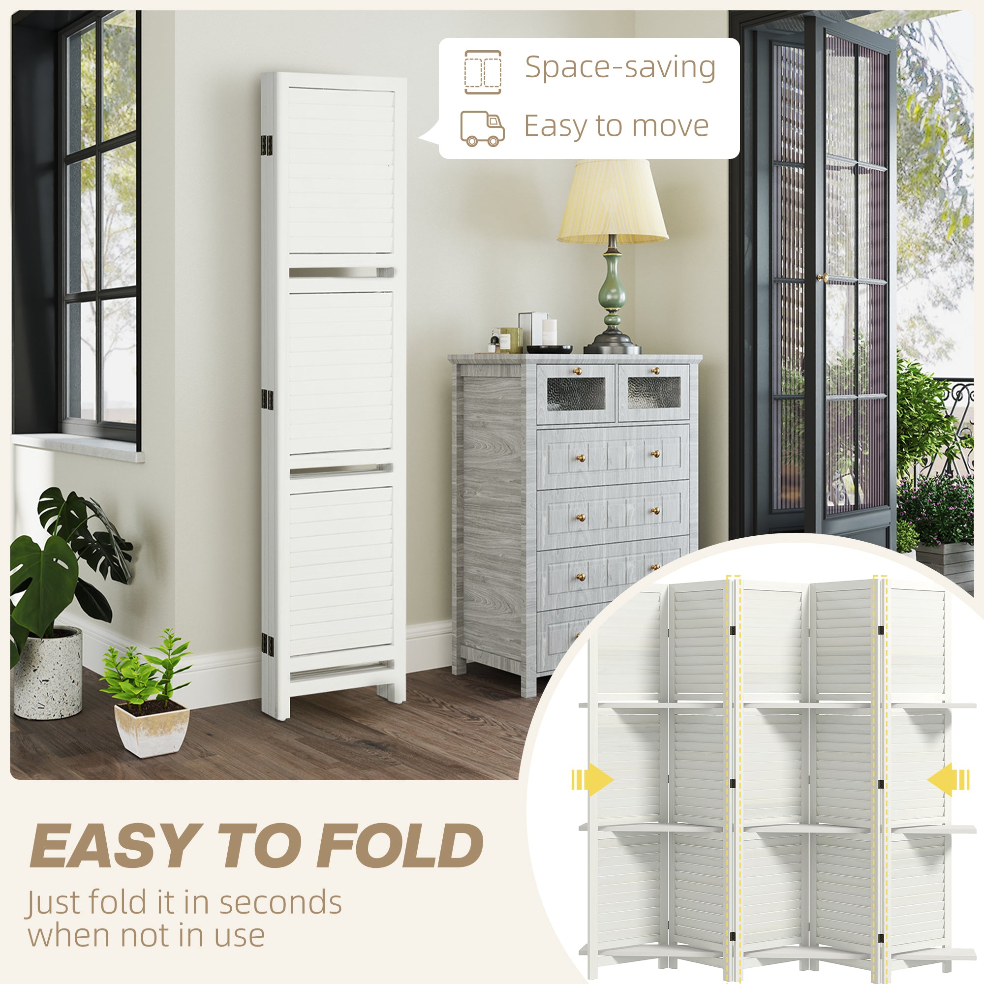 5 Panel 67" Tall Wood Privacy Screen Room Divider with 3 Shelves and Folding Storage for Bedroom, White