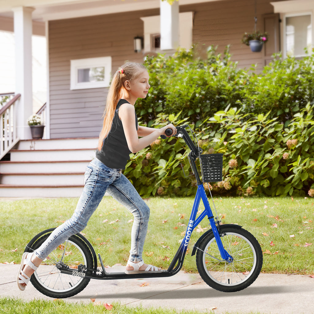 Youth Scooter, Kick Scooter with Adjustable Handlebars, Double Brakes, 16" Inflatable Rubber Tires, Basket, Cupholder, Blue