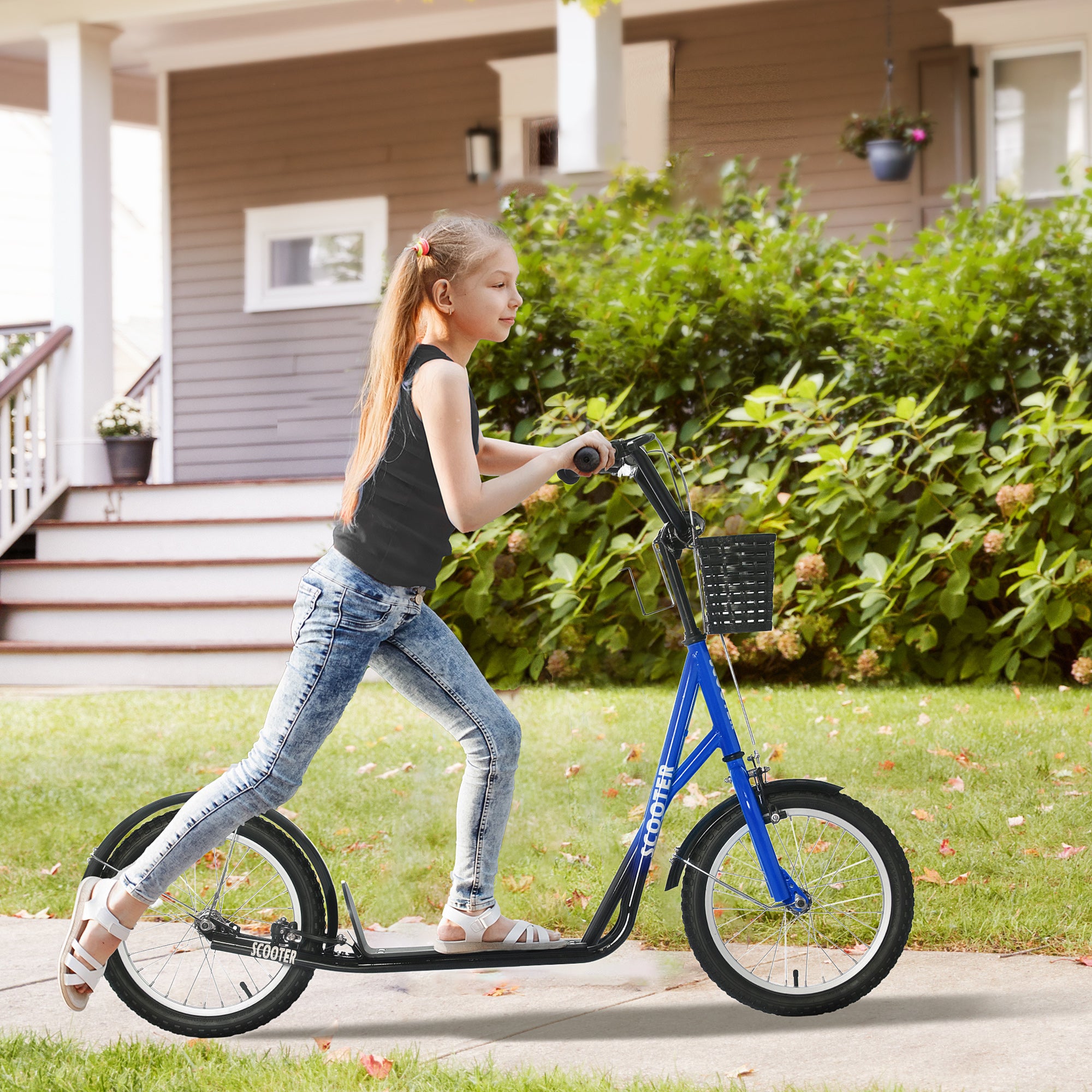Youth Scooter, Kick Scooter with Adjustable Handlebars, Double Brakes, 16" Inflatable Rubber Tires, Basket, Cupholder, Blue