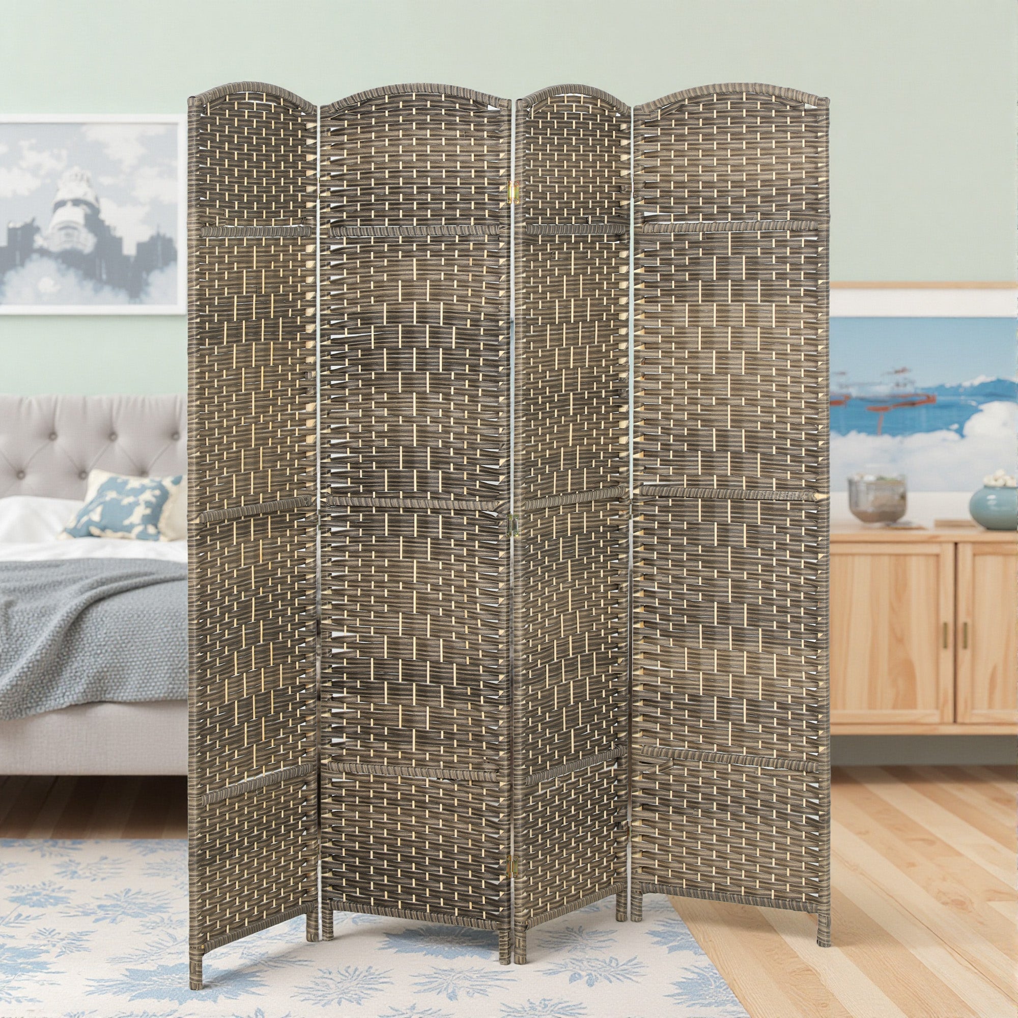 Folding Room Divider Screen 4 Panel 6' Tall Privacy Screen Freestanding Wood Partition for Home Office, Dark Rustic Oak